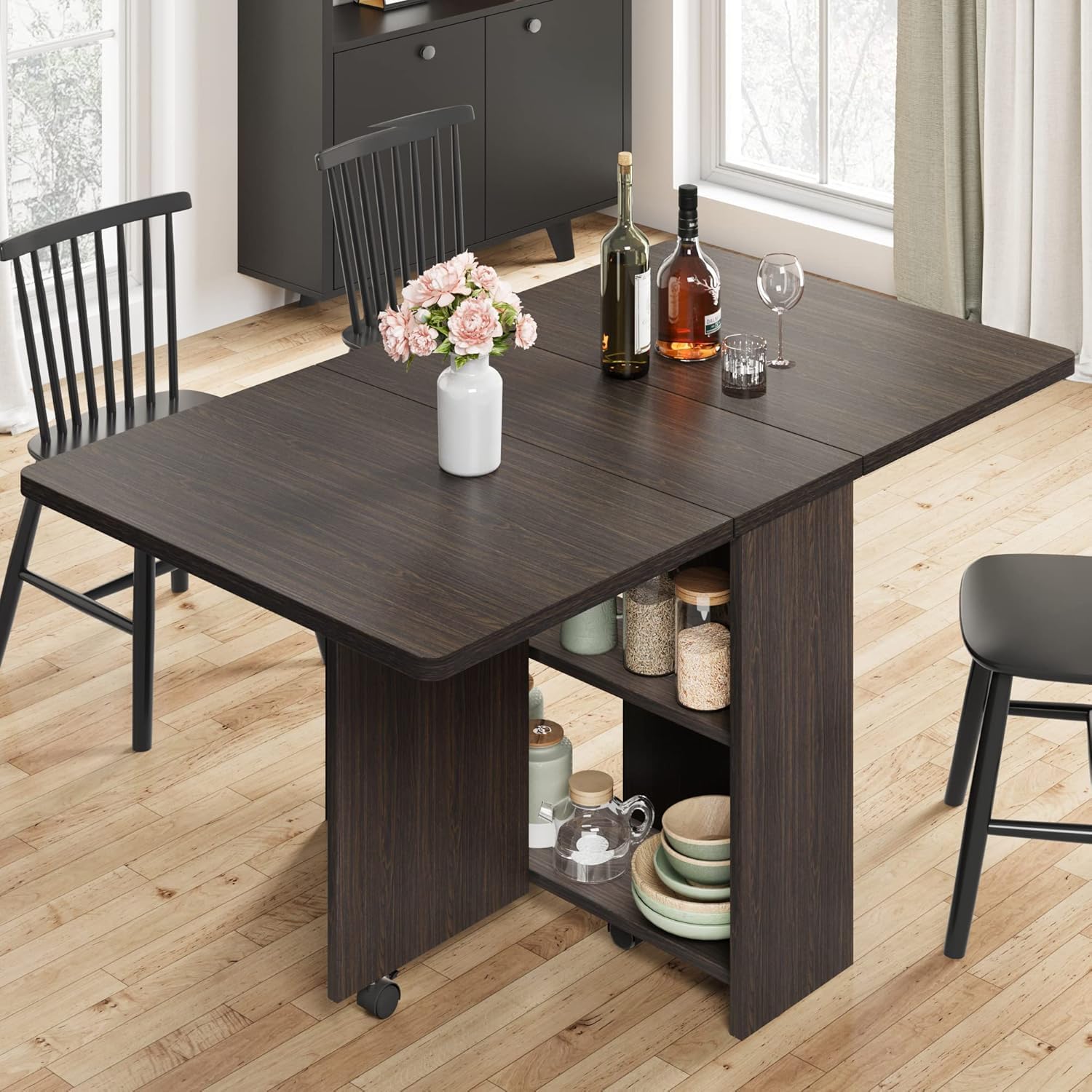 Garvee Mesas Plegables Portátiles, Mesa Plegable con Asa y Ruedas, para Hogar Interior Cocina Salón Dormitorio, Apto hasta 4 Personas, 120×60×75 cm, Color Nogal Oscuro(Sin Silla)