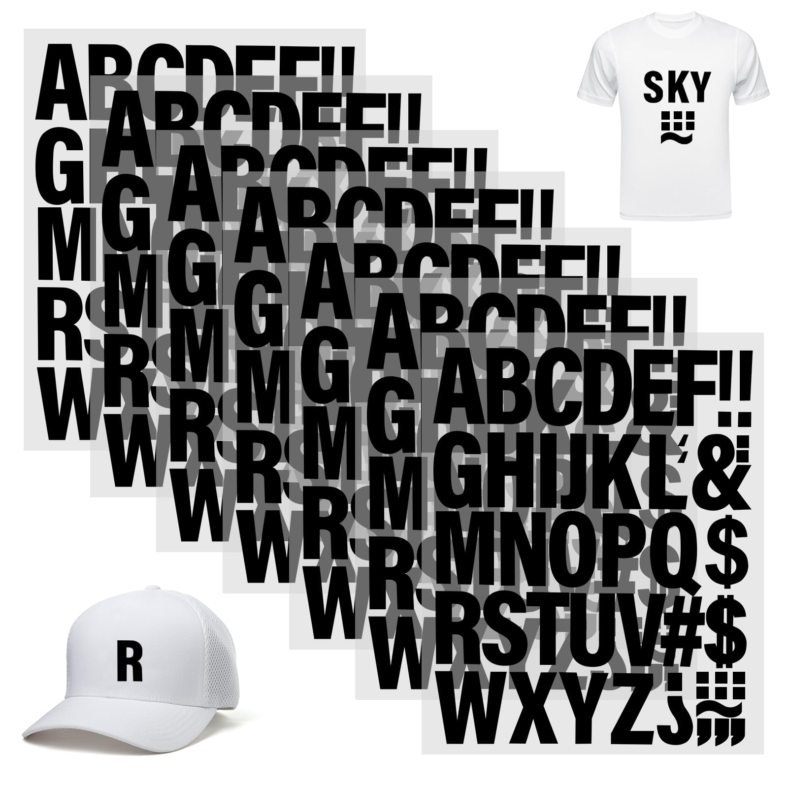 10 Sheets Black Iron on 2 Inch Letters for Clothes, Alphabet Iron-on Letter (26 Alphabets and 18 Symbols), Small Letter Transfers for Shirts, Jerseys, Bags, Hats
