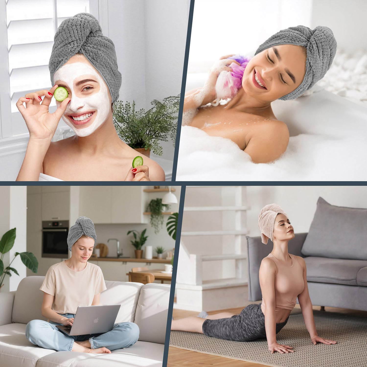 2 Pack Microfiber Hair Towel - 41 x 24 inches Super Soft, Absorbent, Fast Drying Without Frizz Hair Towel Wrap for Women Long, Thick, Curly Hair - Hair Turbans with Elastic Strap