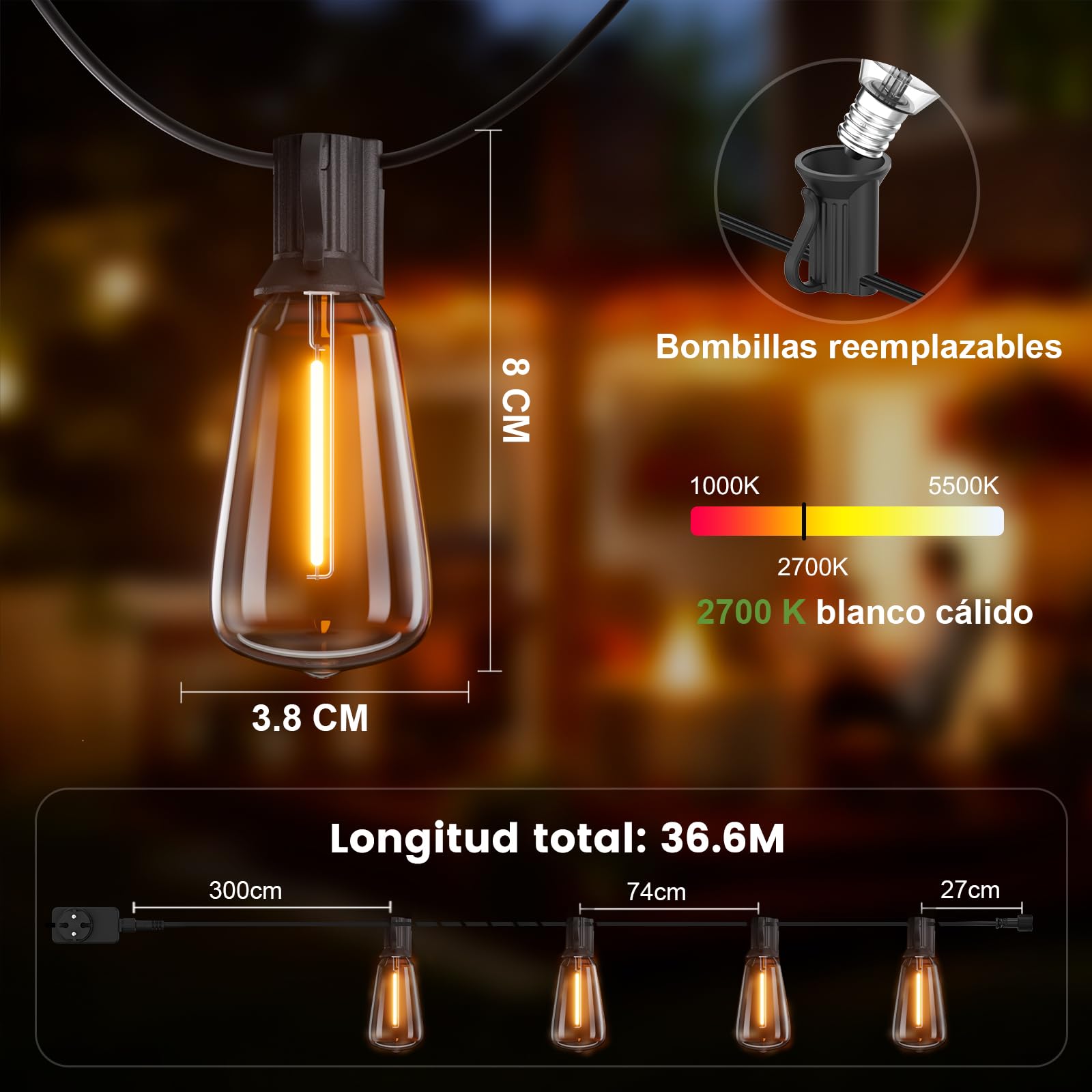 Yuusei Guirnalda Luces Exterior, Luces LED 36.6M Con Mando a Distancia | Impermeable IP45 & 2700K Blanco Cálido, Bombillas 46+2 ST38 Irrompibles para Jardin, Decoracion, Terraza, Pergolas y Toldos
