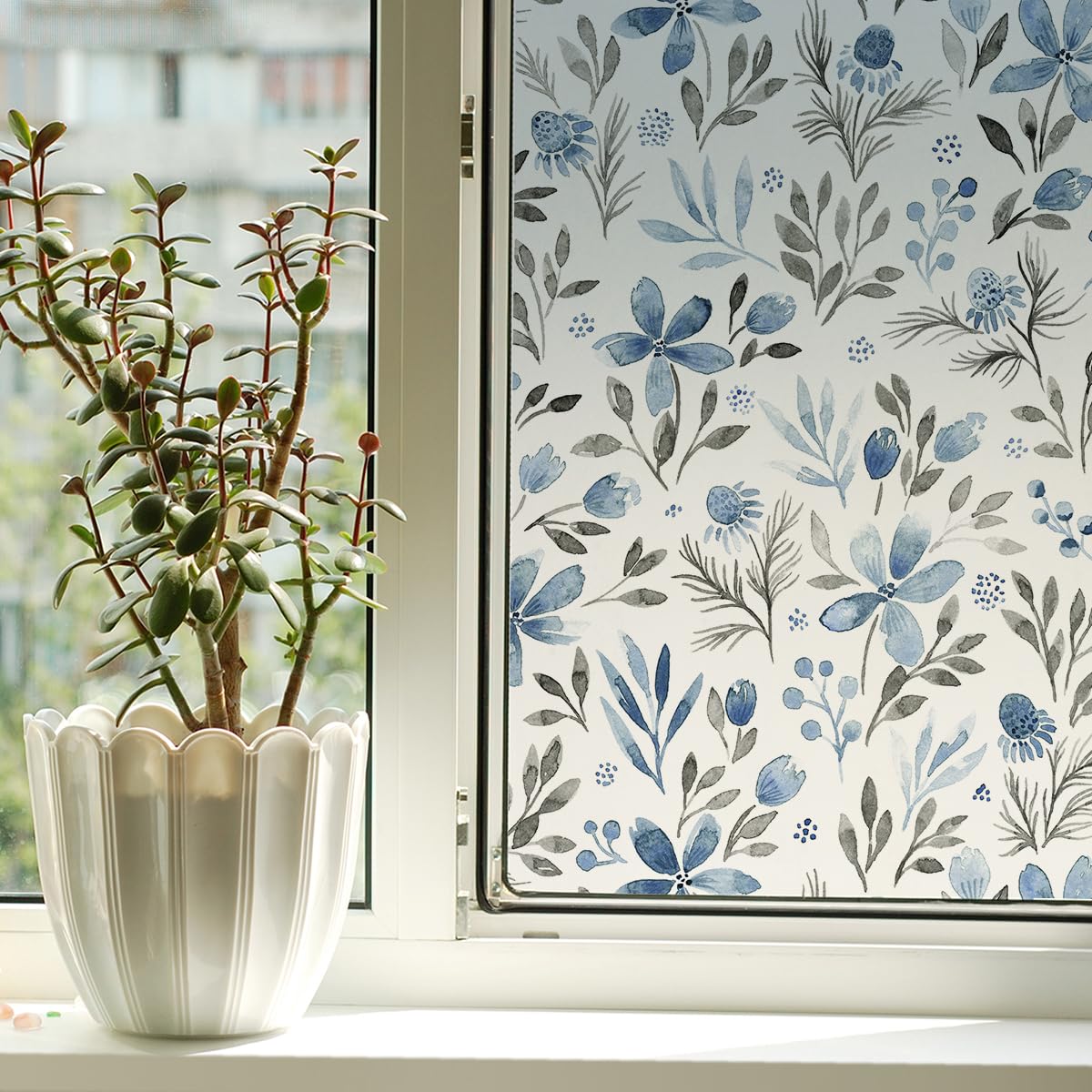 Milchglasfolie Graue Blaue Blätter Fensterfolie Selbstklebend Milchglasfolie Fenster Bad Fenster Sichtschutzfolie Fensterfolie Blickdicht Folie für Fenster Folie Fenster Sichtschutz 40x120cm/4 Pcs
