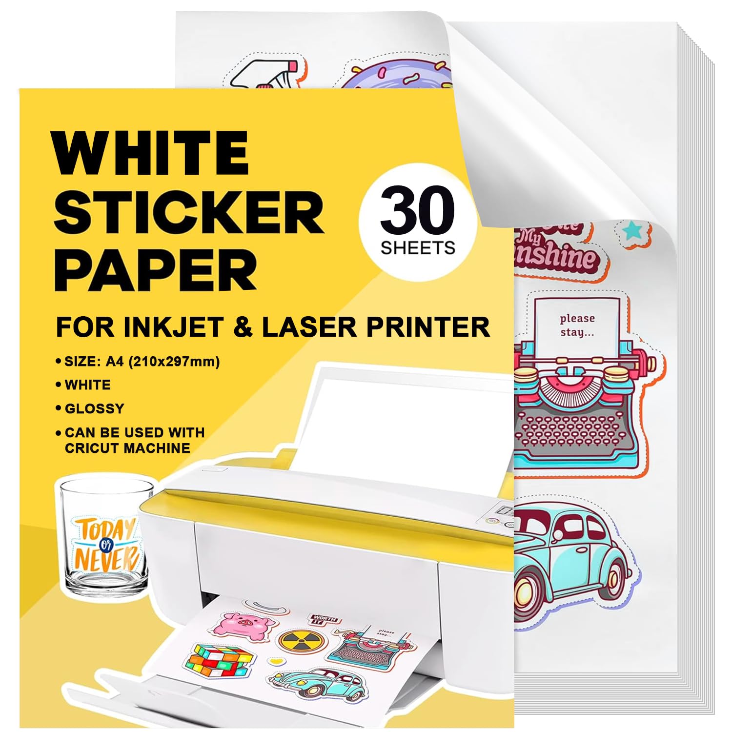 Euqvunn 35 Blätter Stickerpapier A4 - Mattes Vinyl Wasserfest Für Tintenstrahldrucker