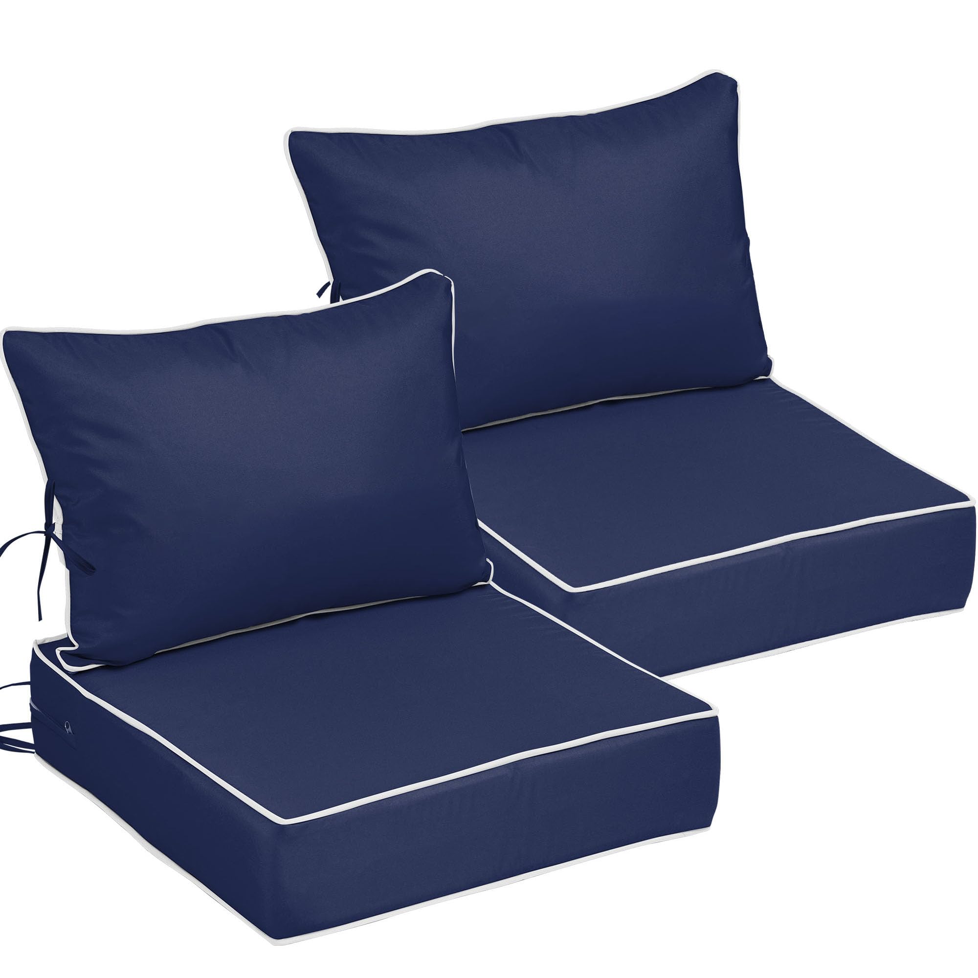 25.6x25.6 Outdoor Chair Cushions 2 Set, Waterproof Deep Seat Cushions for Patio Furniture with Removable Cover, Fade Resistant 4'' Outdoor Seat Cushion w/ Ties&amp;Handle for Sofa Loveseat,Navy+Piping