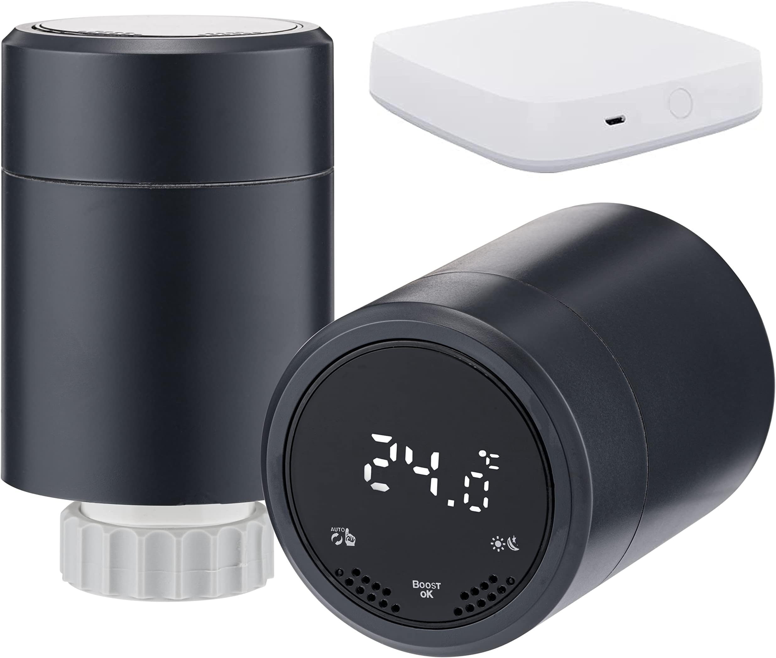 Sandy Beach Smart Radiator Valve - Smart Radiator Thermostat Valve - Amazon Smart Thermostat, Smart TRV with Zigbee Gateway Connecting to Amazon Alexa Google Home - Anthracite (Gateway + Thermostat)