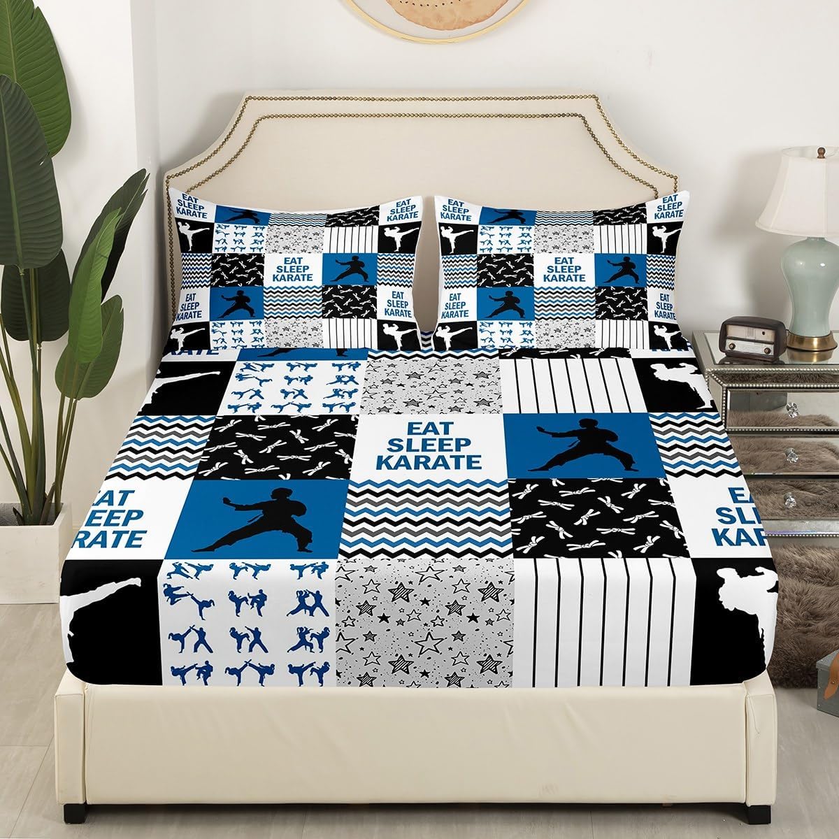 Karate Fitted Sheet Queen Size,Karate Player Silhouette Bedding Set 3Pcs,Boys Men Sports Theme Bed Sheet Stars Stripes Patchwork Navy White Black Plaid Deep Pocket Sheet,2 Pillowcases
