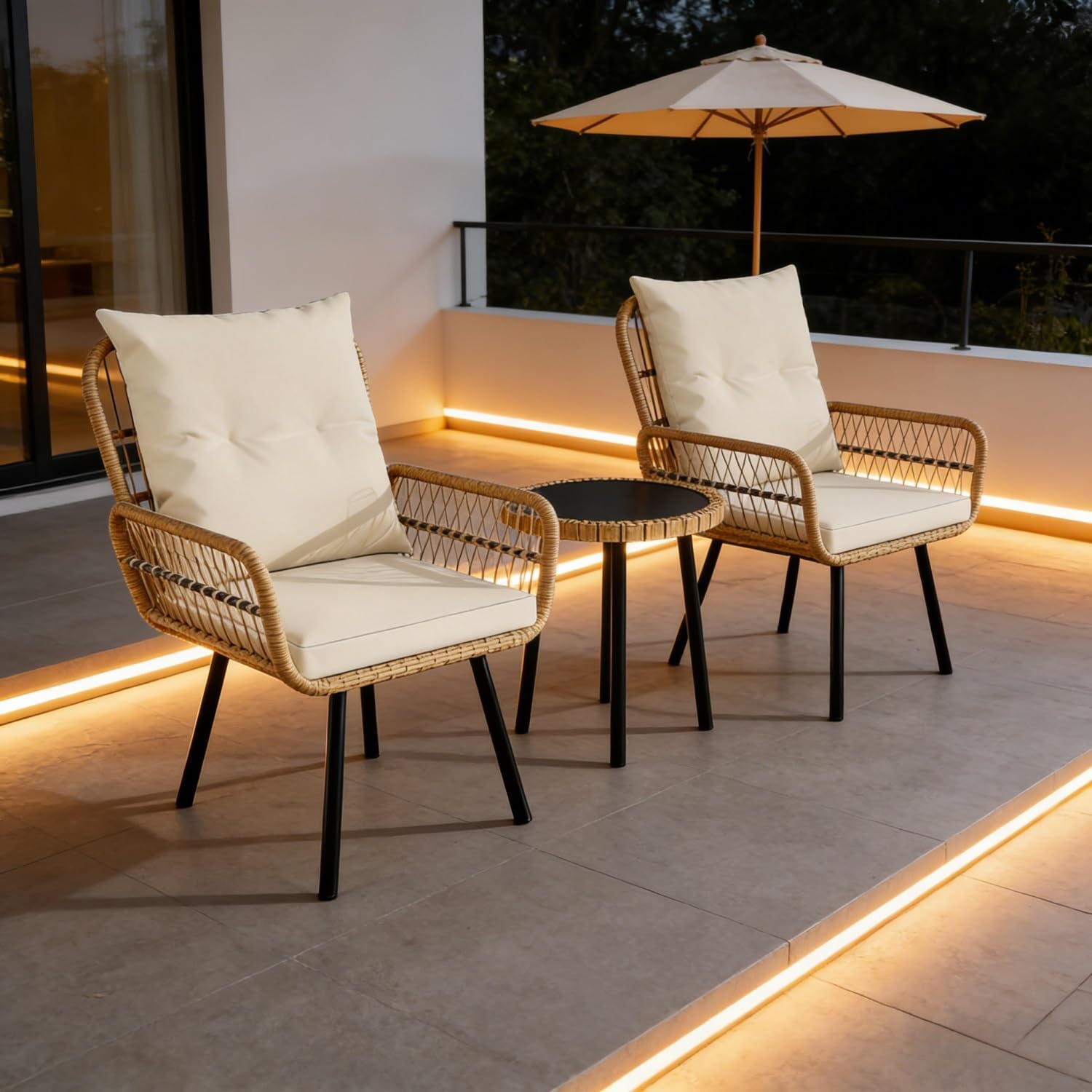 3-Piece Outdoor Wicker Bistro Set - Ergonomic Rattan Chairs with Thick Waterproof Cushions & Coffee Table for Patio