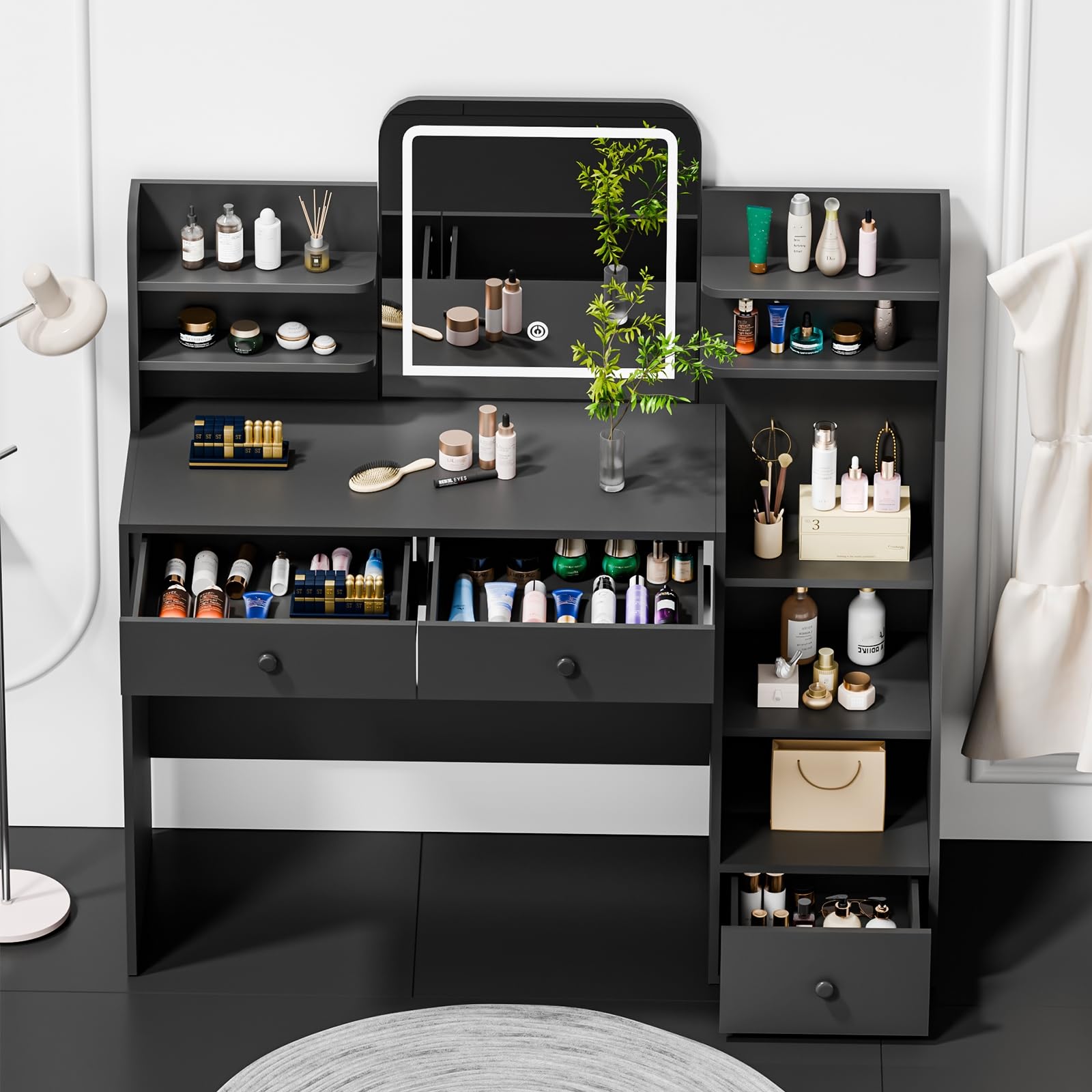 Oiroporz Black Makeup Vanity Desk with Square LED Mirror & 6 Open Shelves - 3-Color Adjustable Lighting, 3 Drawers + Right-Side Sloped Design,