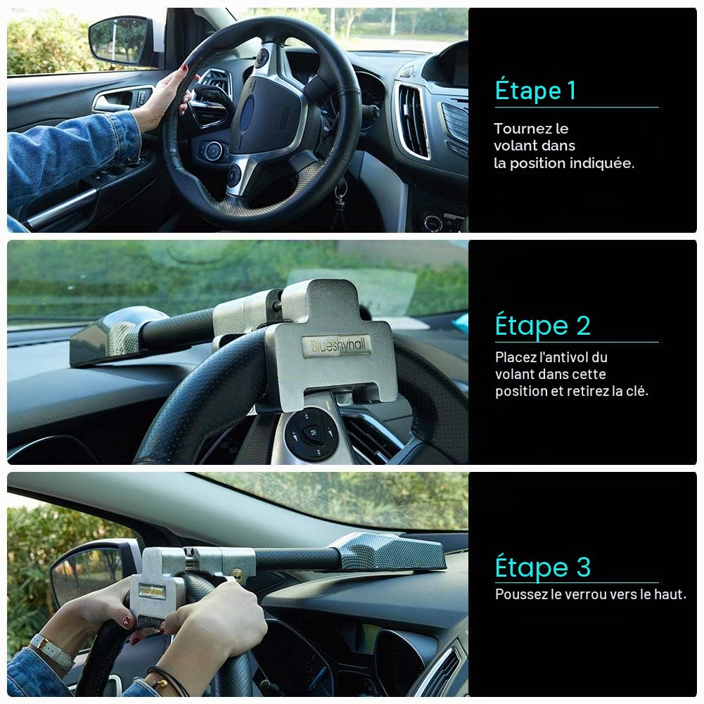 Blueshyhall Antivol Auto avec Alarme Jusqu'à 130 db, Barre Bloque Volant Voiture Anti-Rayures, Canne Antivol Voiture à 2 Clés, Car Steering Wheel Anti-Theft Lock Universel pour Auto, SUV, Camping Car