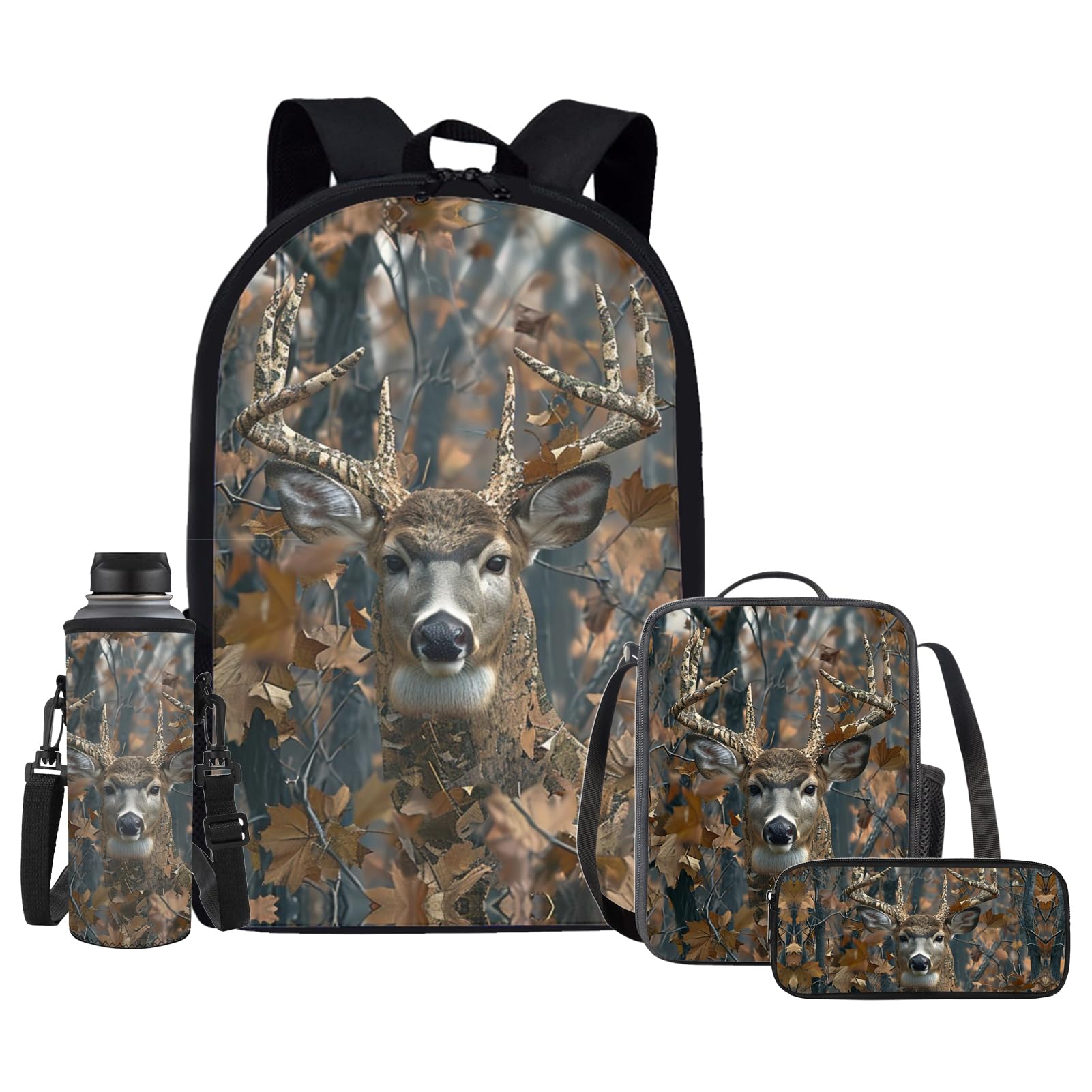 4pcs/set Forest Deer Backpack for Kids Girls Boys School Bag Set with Lunch Box Pencil Case Water Bottle Sleeve Preschool Primary Schoolbag Elementary Bookbag Lightweight Satchel