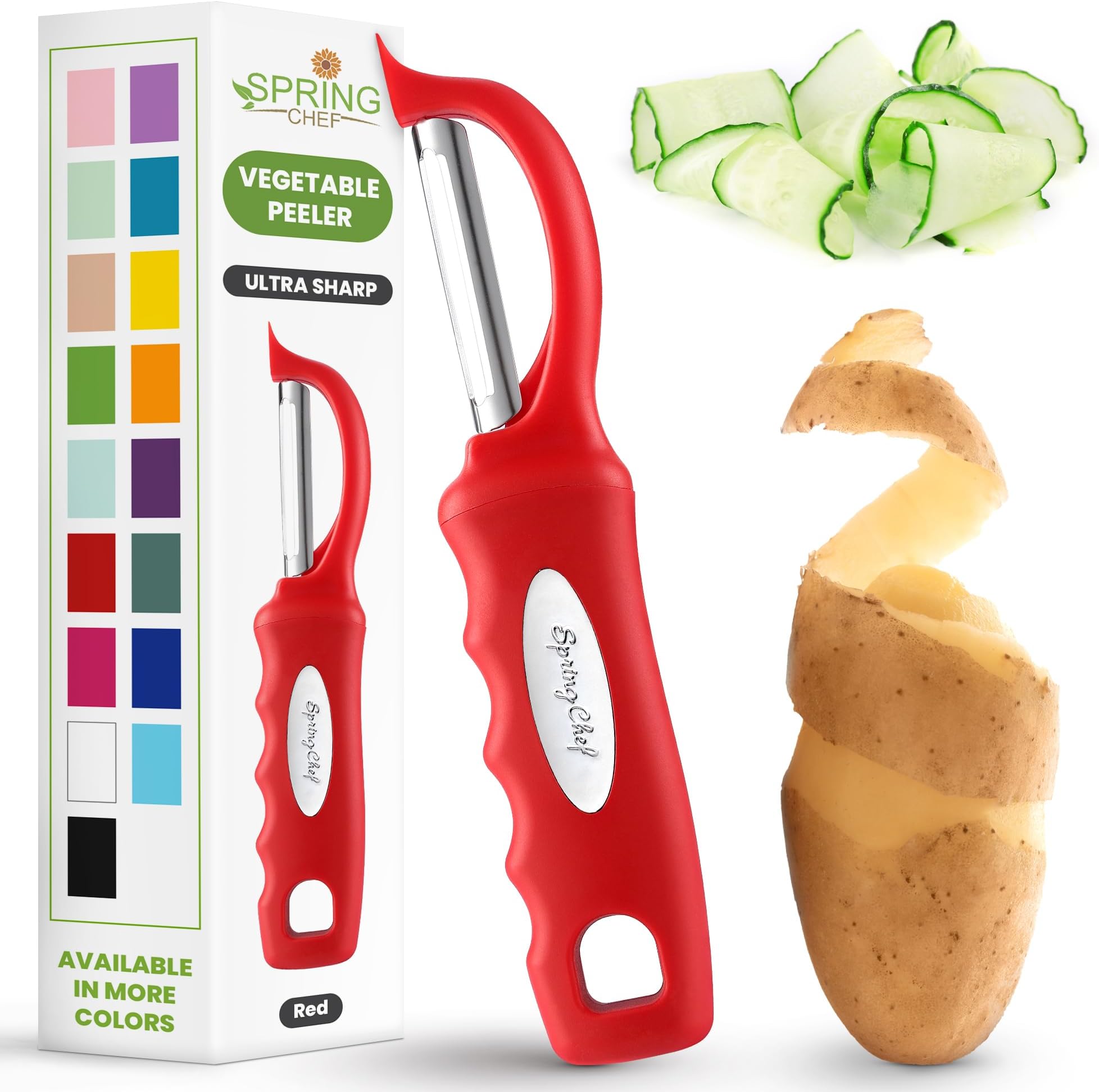 Spring Chef Premium Swivel Vegetable Peeler, Soft Grip Handle and Ultra Sharp Stainless Steel Blades - Perfect Kitchen Peeler For Veggie, Fruit, Potato, Carrot, Apple - Red