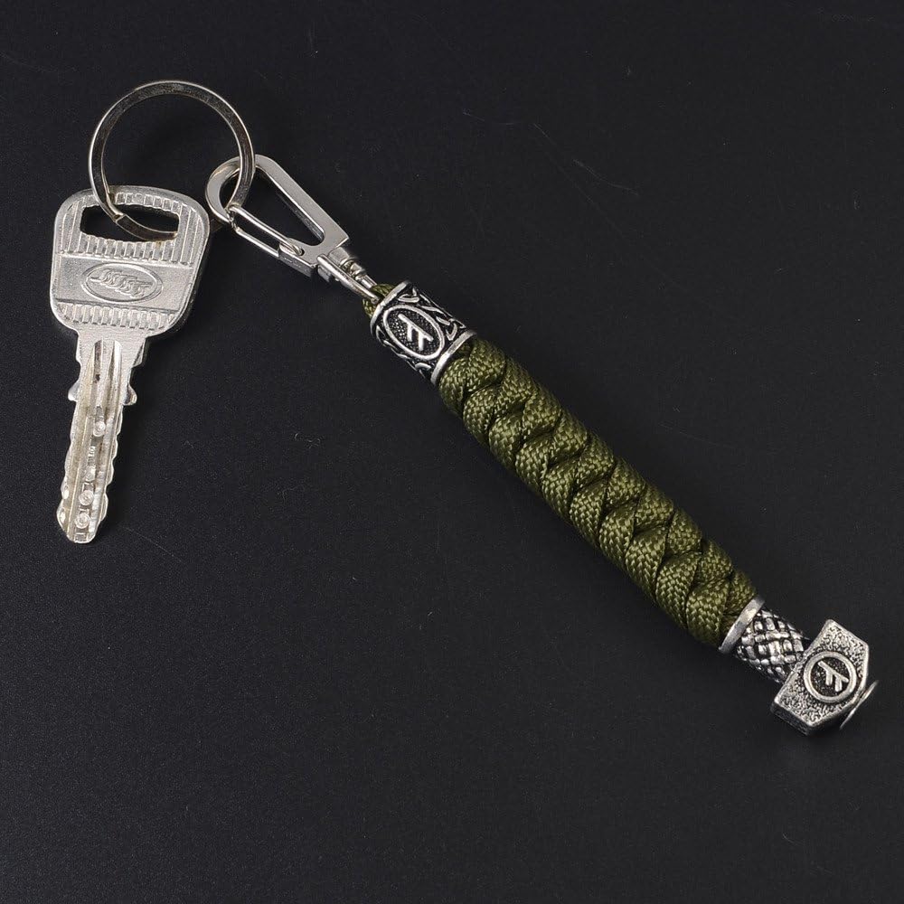 Viking Mens Paracord Lanyard Keychains-Handmade Keyring with Viking Rune Beads Norse Thor's Hammer Beads Braided 550 Paracord Keychain Black Viking Jewelry Gift for Men and Women (Custom Fehu)