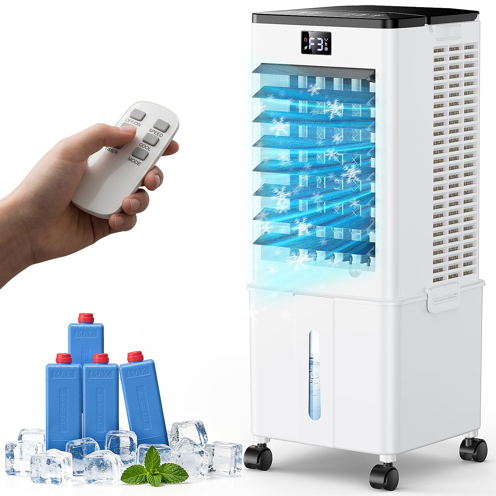 Klimagerät ohne Abluftschlauch 10L, 60W Klimaanlage Mobil 4-in-1, 12H Timer, klimaanlage ohne abluftschlauch 3 Modus, 120°Oszillation, Abnehmbare Wassertank, Tragbarer Luftkühler für Zuhause Büro