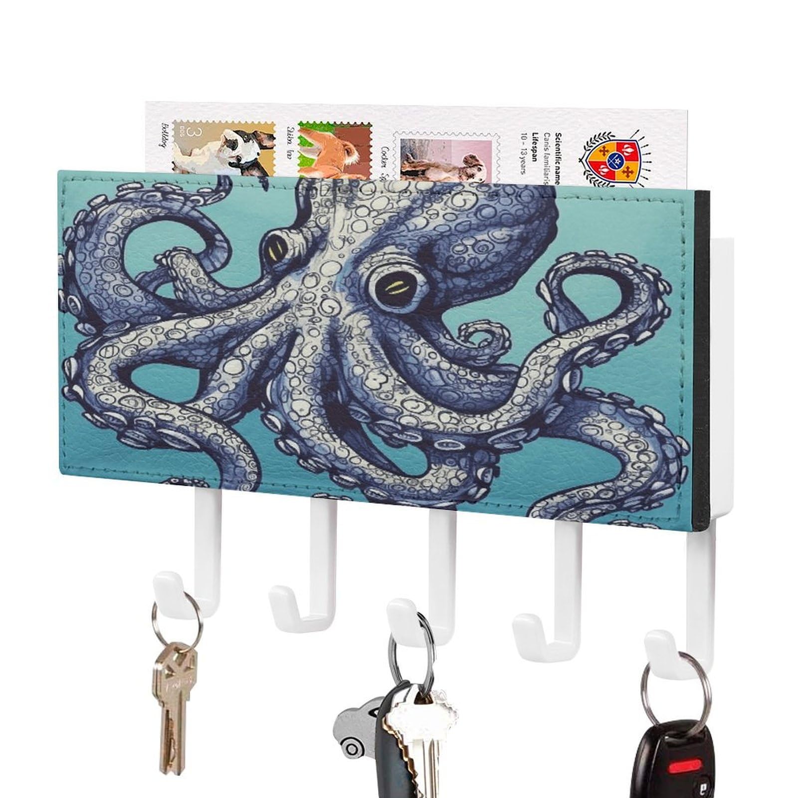 Octopus Design Key Holder for Wall Mount Key Hooks Key Rack with Self Adhesive PU Key Hanger Personalized Key Organizer Rack with 5 Hooks for Hallway Door Entryway