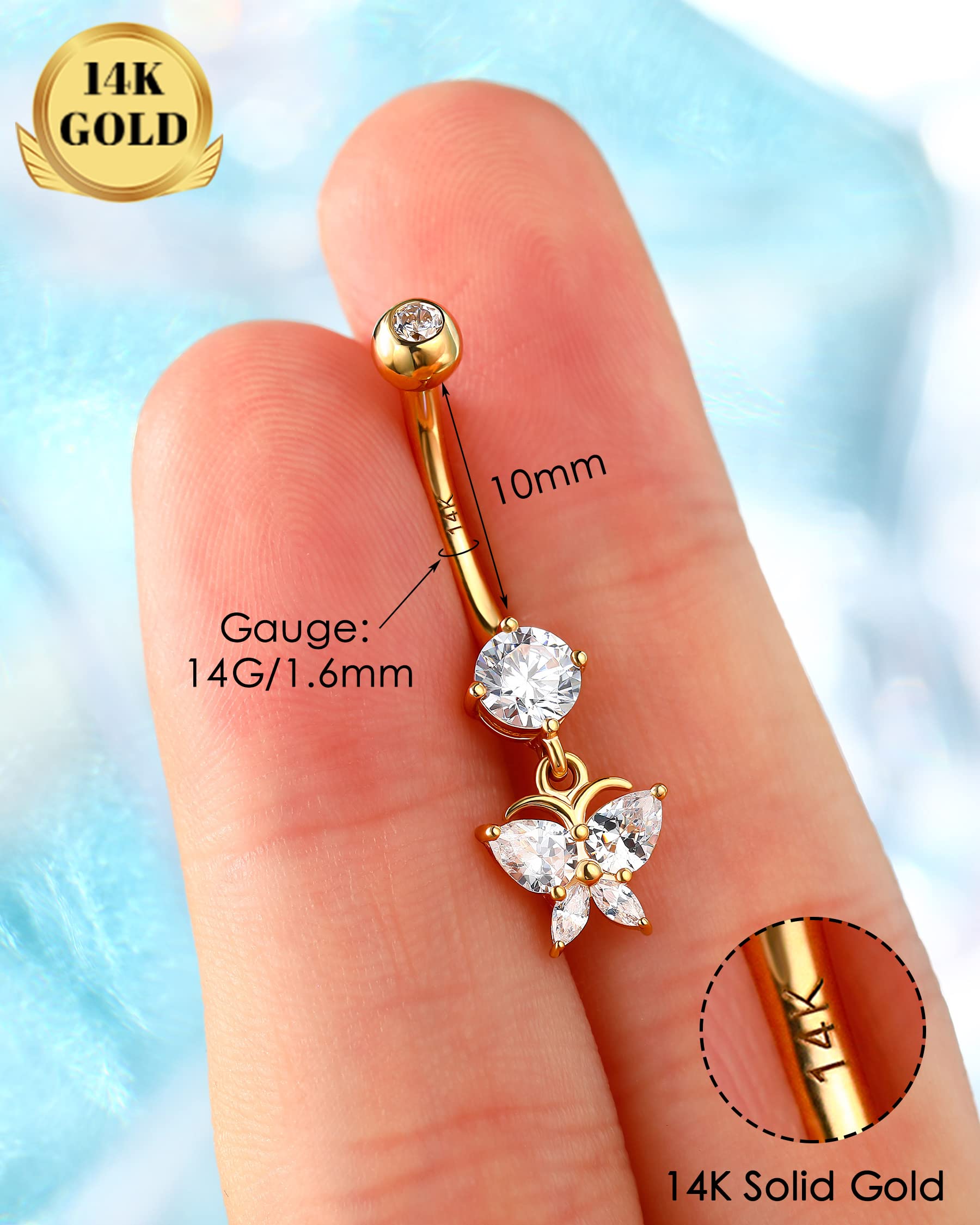 Melighting Piercing de ombligo de oro macizo de 14 quilates, con diseño de mariposa, con rosca externa, para mujer, Oro amarillo, Circonia cúbica