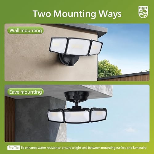Philips 72W 7400LM LED Flood Lights Outdoor, Switch Controlled Aluminum Security Lights, 3 Adjustable Heads, Wall Mount, 5000K Daylight, Waterproof for Yard, Garage(Black)