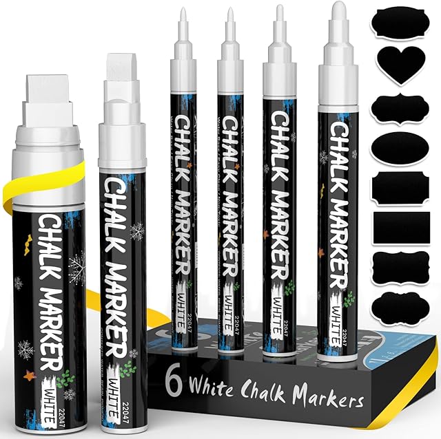 ANYUKE 6 White Chalk Pen, White Dry Erase Liquid Chalk Pens for Blackboards, Christmas Window Decorations, Glass | Fine & Jumbo Size Chalk Markers (1mm*2, 3mm, 6mm, 10mm, 15mm)+45 Free Labels