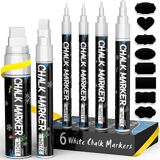 ANYUKE 6 White Chalk Pen, White Dry Erase Liquid Chalk Pens for Blackboards, Chalkboard, Window Decorations, Glass | Fine Jumbo Size Chalk Markers(1mm*2, 3mm, 6mm, 10mm, 15mm)+45 Free Labels