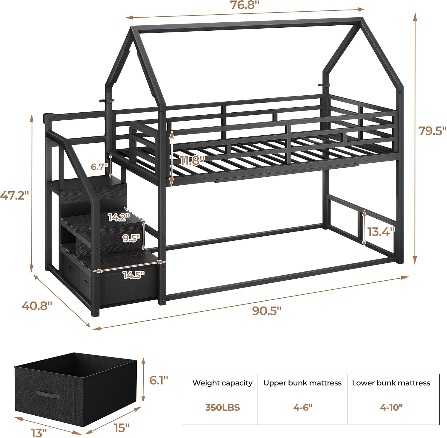 Jocoevol Metal Bunk Bed Twin Over Twin with Storage Staircase, Clothes Rack, LED Twin Bunk Beds for Kids with 2 Storage Drawers, Full-Length Guardrail, No Box Spring Needed, Easy Assembly, Black