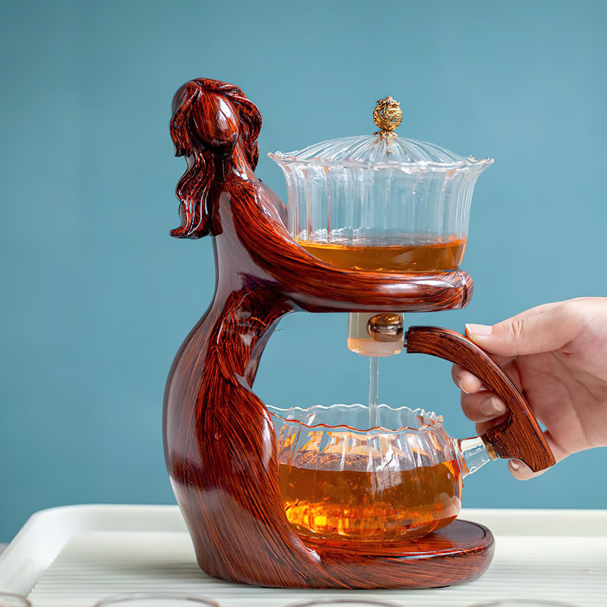 Lazy Kungfu Teekanne Set, Glas Magnetische Teekanne, halbautomatische Wasserführung, magnetische Teekanne mit Teesieb, hitzebeständiges Kungfu-Teeset, Kaffeeset (Red Maiden)