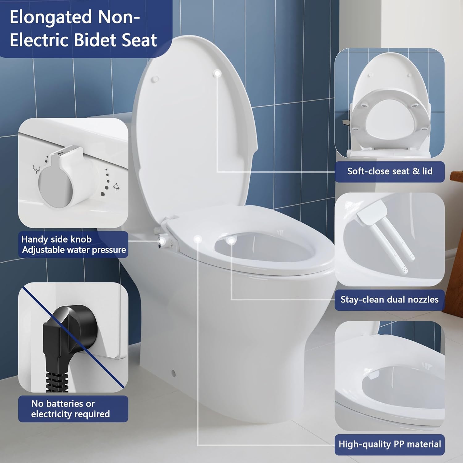 LavieCraft Non-Electric Bidet Toilet Seat with Self-Cleaning Dual Nozzles System, Adjustable Spray Pressure and Position, Quiet-Close Lid, Easy Installation Fits Elongated Toilets, White