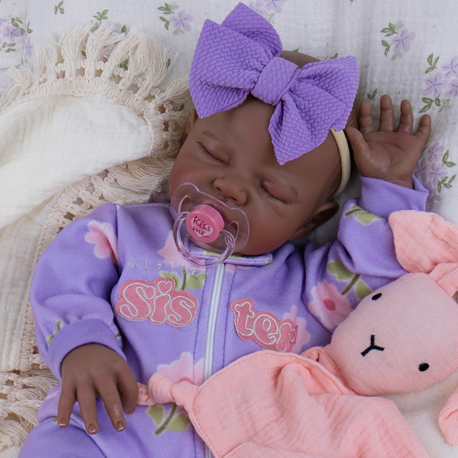 Aori Black Reborn Baby Dolls - 20 Inch Biracial Reborn Girl Doll with Soft Weighted Cloth Body, Lifelike African American Newborn Sleeping Doll, Includes Purple Outfit & Gift Set - Safe for Ages 3+