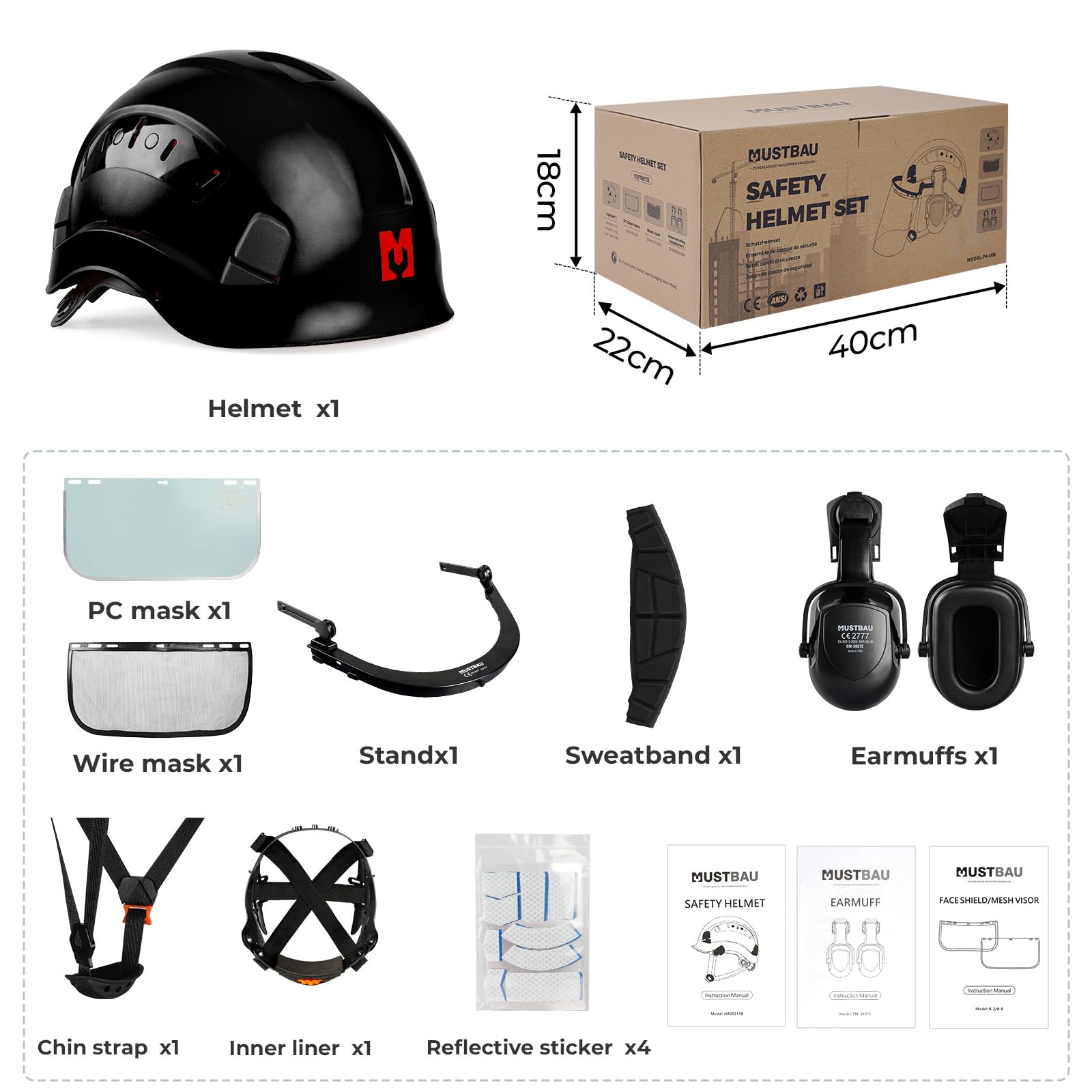 Casco di Sicurezza per Motosega, Casco Protettivo con Paraorecchie e Visiera In Rete, Fascia Regolabile 53 a 63 cm Adatto per Silvicoltura, Cantiere, Lavoro
