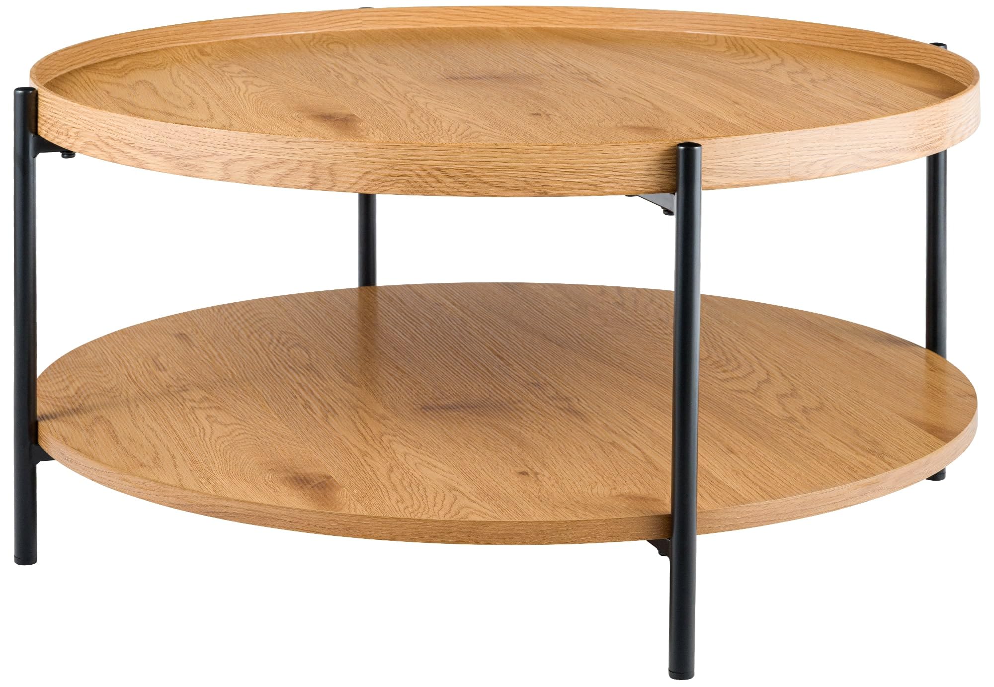 CLP Mesa de Centro Redonda de Madera Corbitan, mesita de salón de 2 Niveles con Almacenamiento, Estructura de Metal Negro pequeña, Color:Natura, Tamaño:Ø 80 cm