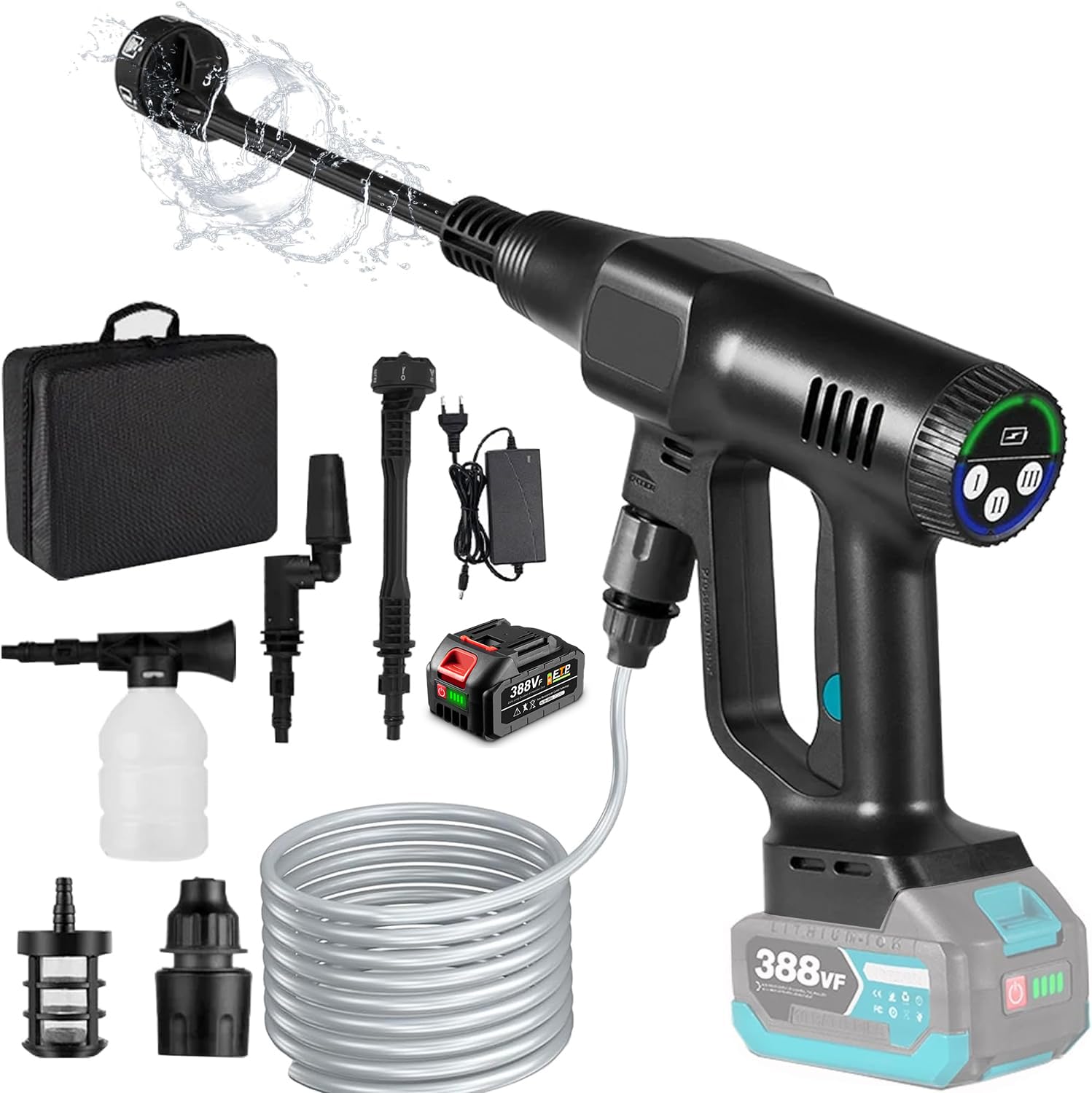 Cordless Pressure Washer 3-Speed MAX 200Bar/2900PSI High Pressure Washer 6-in-1Nozzle Portable Jet Wash Compatible 18V Battery (Black With 1 Batteries)