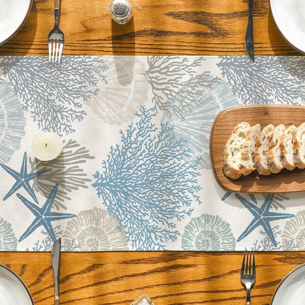 Summer Coastal Table Runner and Placemats Set of 6, Linen Blue Teal Sea Animals Theme, Coral Starfish Holiday Party Home Decor for Table Dining Room Kitchen (Sea Animals, Set of 6)