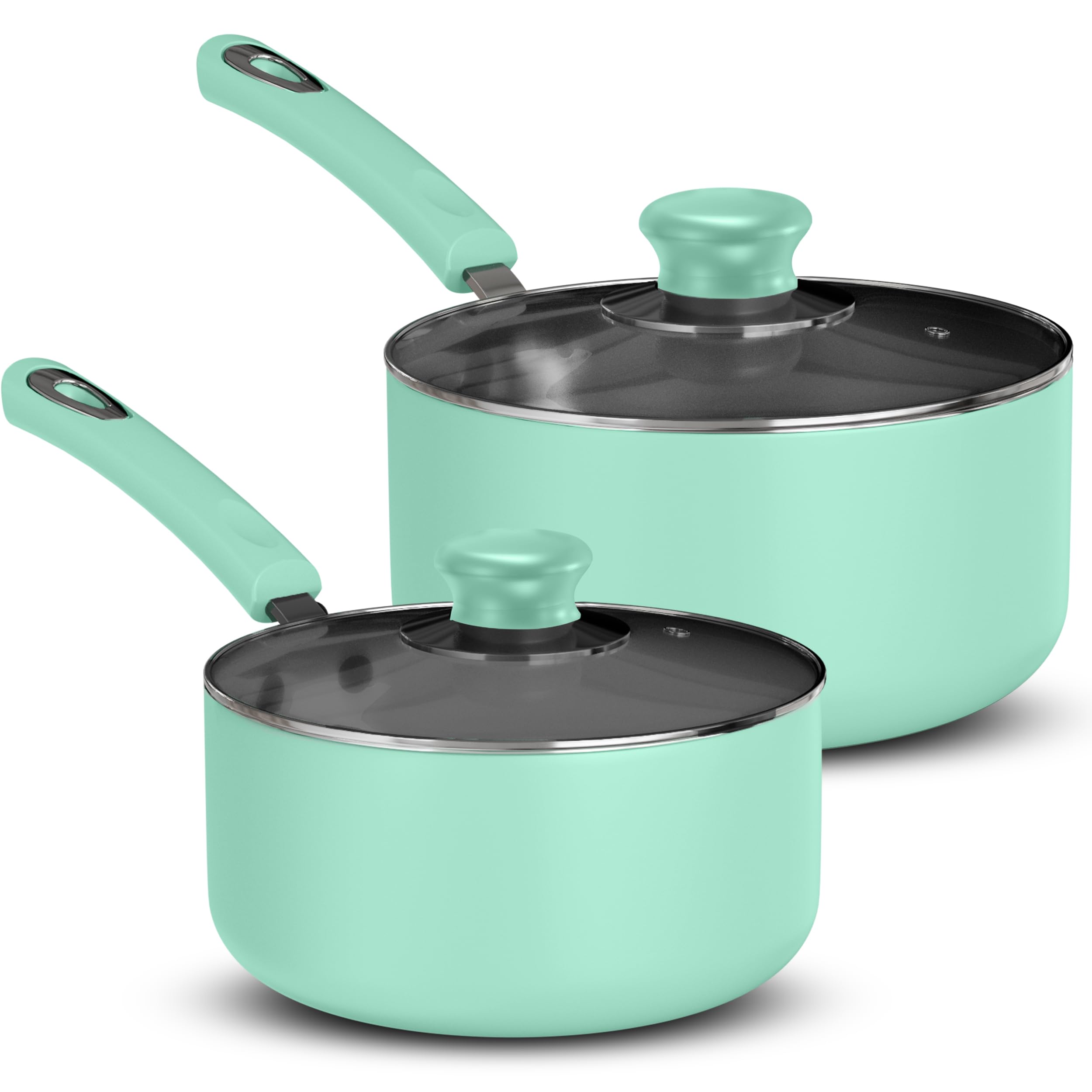 Utopia Kitchen Nonstick Stock Pot Saucepan Set with Lids, 1 Quart and 2 Quarts Multipurpose Stock Pots Set for Home, Kitchen or Restaurant, Green & Black