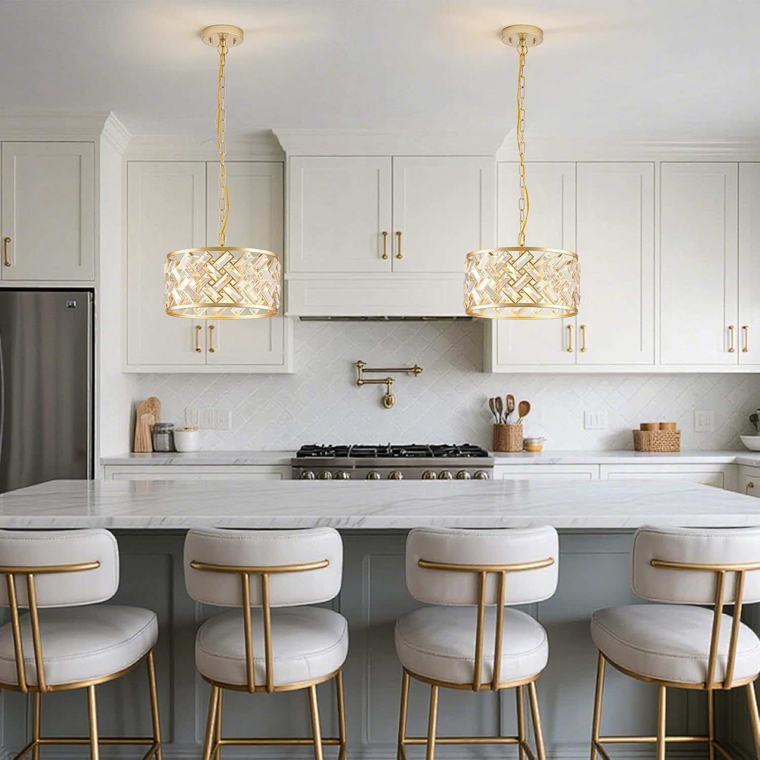 Gold Crystal Chandelier, 3-Light Morden Dining Room Light Fixture,12.4" Small Semi Flush Mount Chandeliers for Kitchen Foryer Entryway Hallway Living Room Bedroom (ETL Listed)