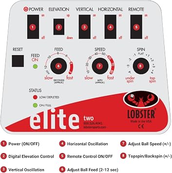 LOBSTER Sports Elite Tennis Ball Machine - Auto Portable Tennis Ball Launcher, Preloaded & Custom Drills, Spin Control, Lob Elevation Switch, Ball Speed (up to 80MPH), with Multi-Function Remote