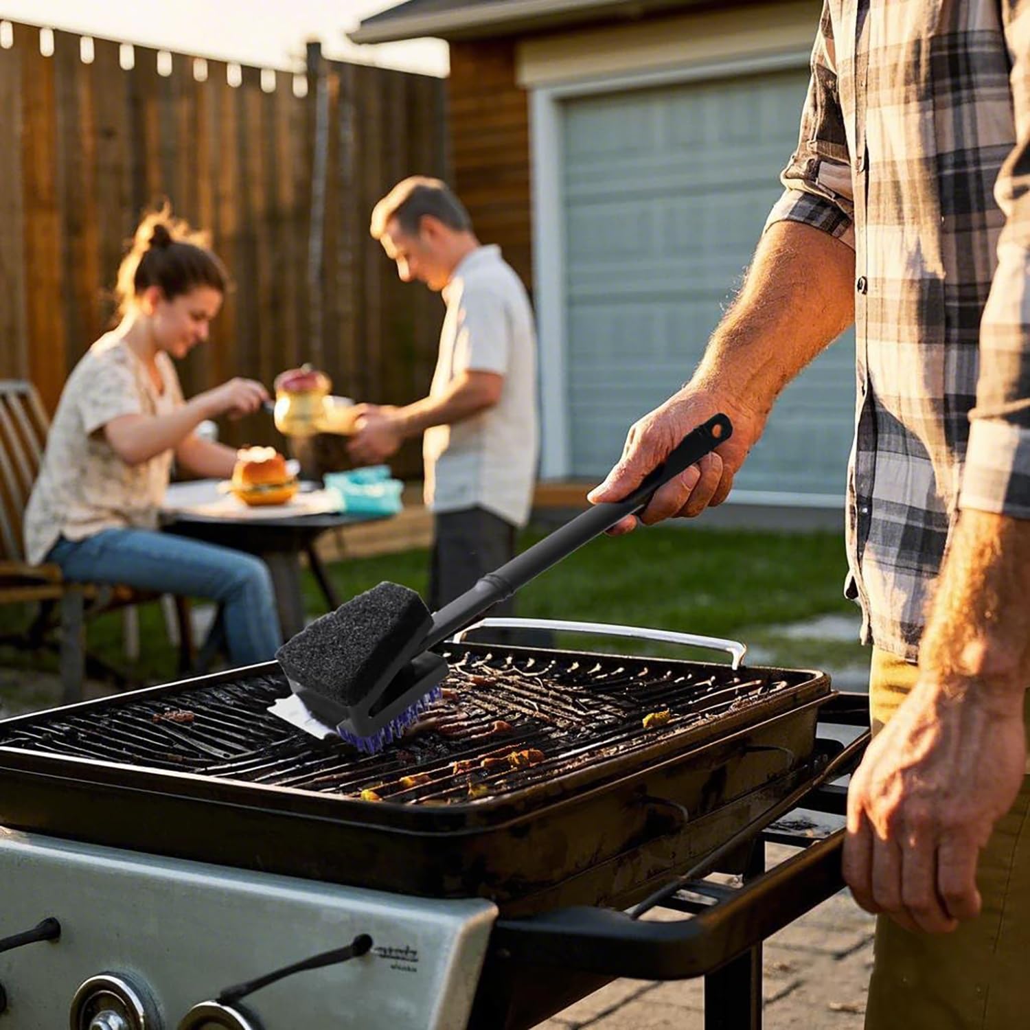Paquete de 3 cepillos para parrilla y raspador para barbacoa, cepillo de cerdas de nailon de 14.8 pulgadas para exteriores, cepillo de limpieza de alambre de 8 pulgadas, cepillo limpiador de parrilla