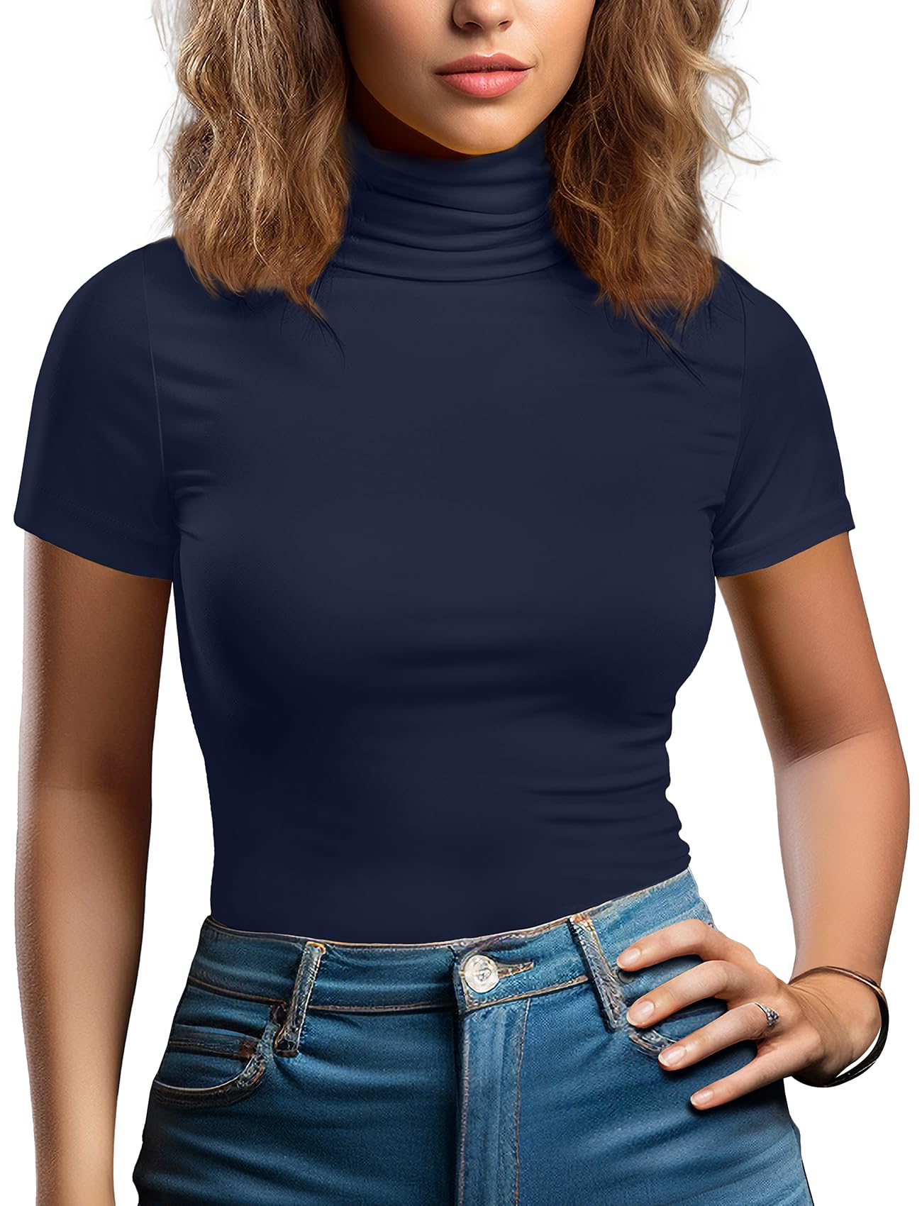 Zengjo Long Sleeve Turtleneck Women Stretch/Short Sleeve Tops Fitted Tee Shirt