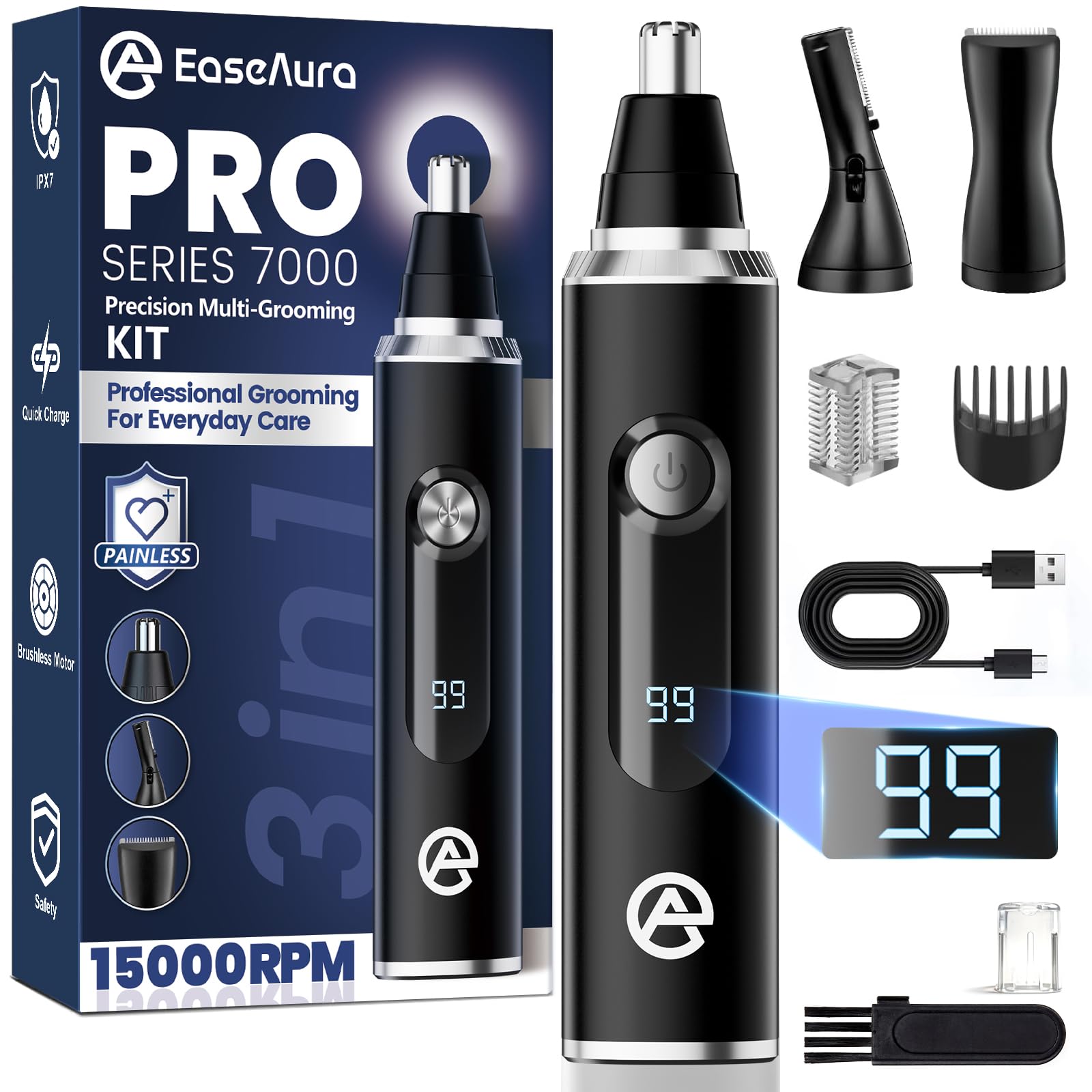Cortapelos Nariz y Orejas Recargable 3 en 1, Recortador Pelos Nariz Hombre y Mujer, Cortador Pelos Nariz y Orejas Eléctrico, Trimmer Cejas y Barba, Quitapelos Nariz, Tijeras, LED, IPX7
