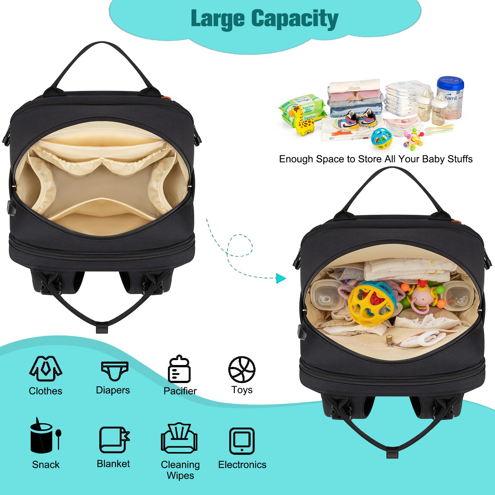 BAGPARKK Mochila para pañales, bolsas de pañales impermeables con puerto de carga USB, mochila de viaje antirrobo multifunción, Black, XL, Mochilas daypack
