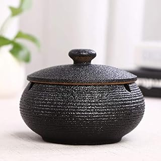Cenicero de cerámica con tapa, resistente al viento, para decoración del hogar, oficina, antideslizante, de cerámica, Taichi, color negro