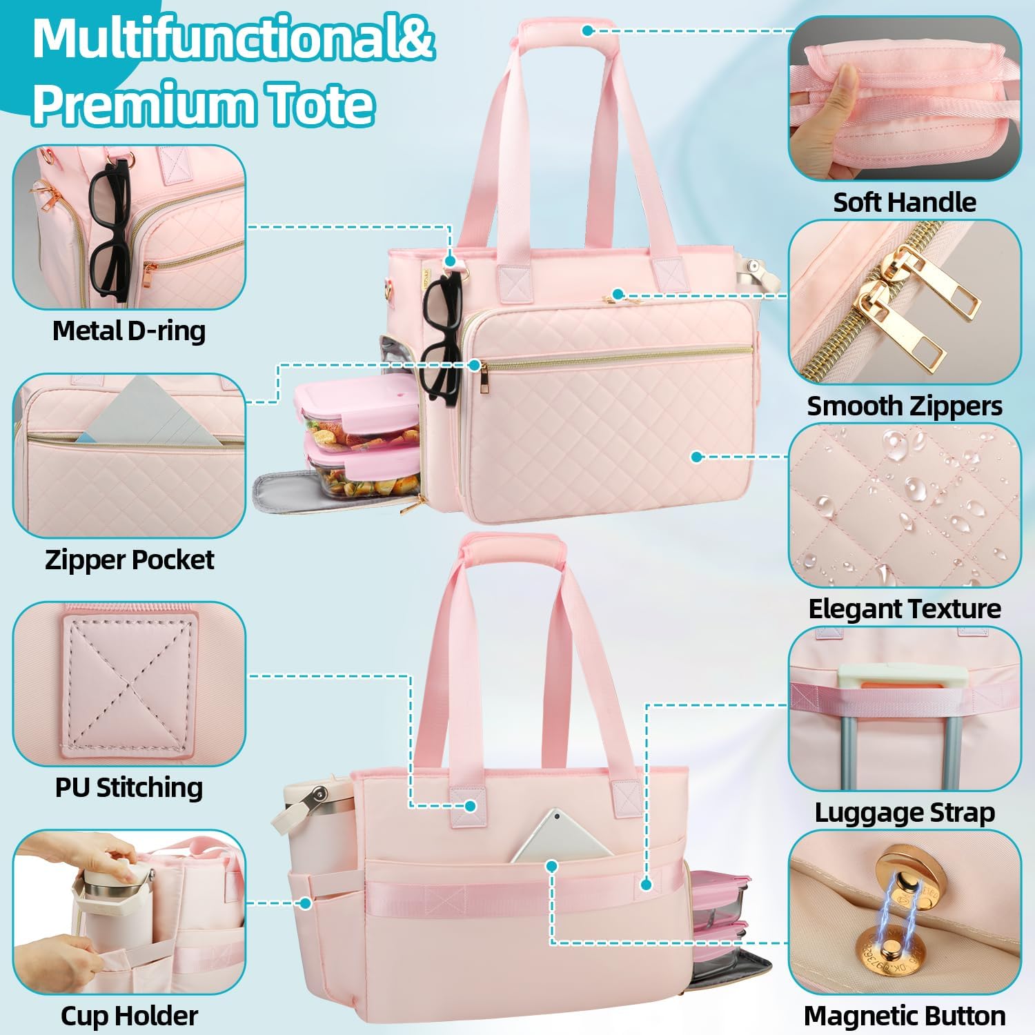 Lunch Work Tote Bag for Women with Accordion File Organizer Pocket, 3 in 1 Daily Tote Bag with Insulated Lunch Compartment& 15.6 Inch Laptop Compartment for Business Teacher Nurse (Pink)