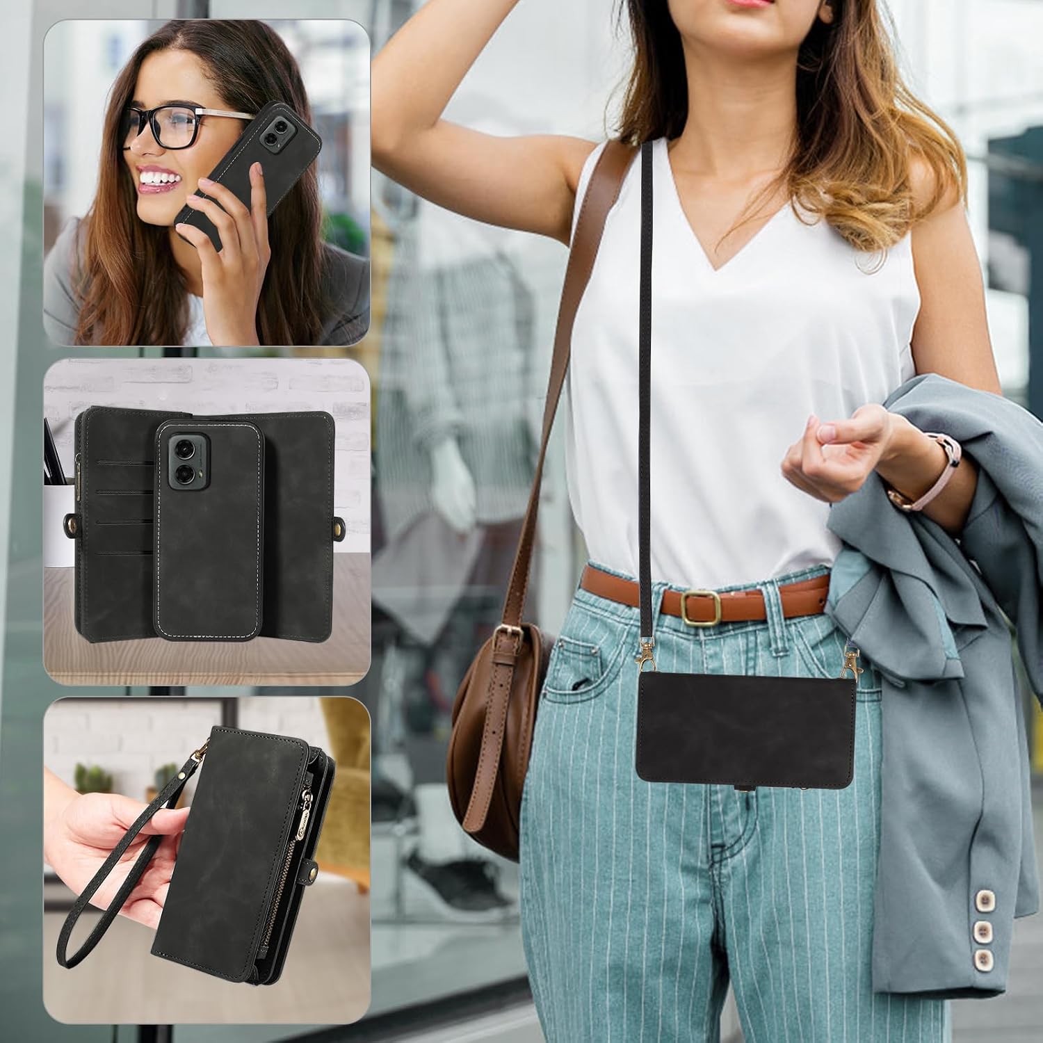 Asuwish Phone Case for Motorola Moto G 5G 2024 Zipper Wallet Detachable Cell Cover with Tempered Glass Screen Protector Crossbody Lanyard Strap Flip Card Holder Slot G5G 5 G G5 Women Men Girls Black
