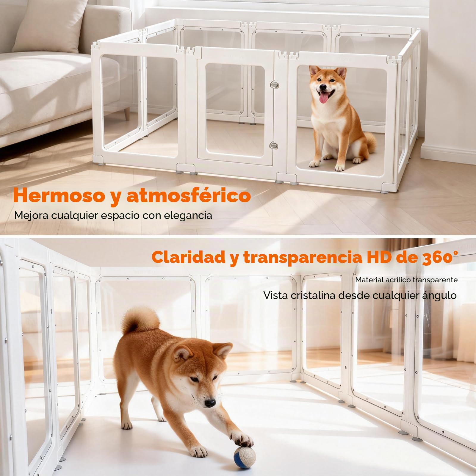 Parque para Perros de acrílico,10 Paneles bolígrafo de fácil Montaje,60cm Vallas para Perros para Interior y Exterior con Puerta con Cerradura,Cerca del Corral para Mascota 152 * 102 * 61CM