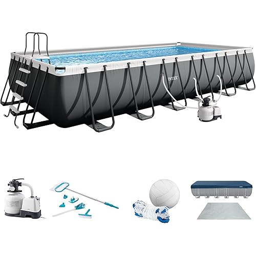 INTEX Ultra XTR 24 ft x 12 ft 52 in Above Ground Pool Set, Rectangular Swimming Pool with Sand Pump, Saltwater System, Maintenance Kit, & Volleyball Game