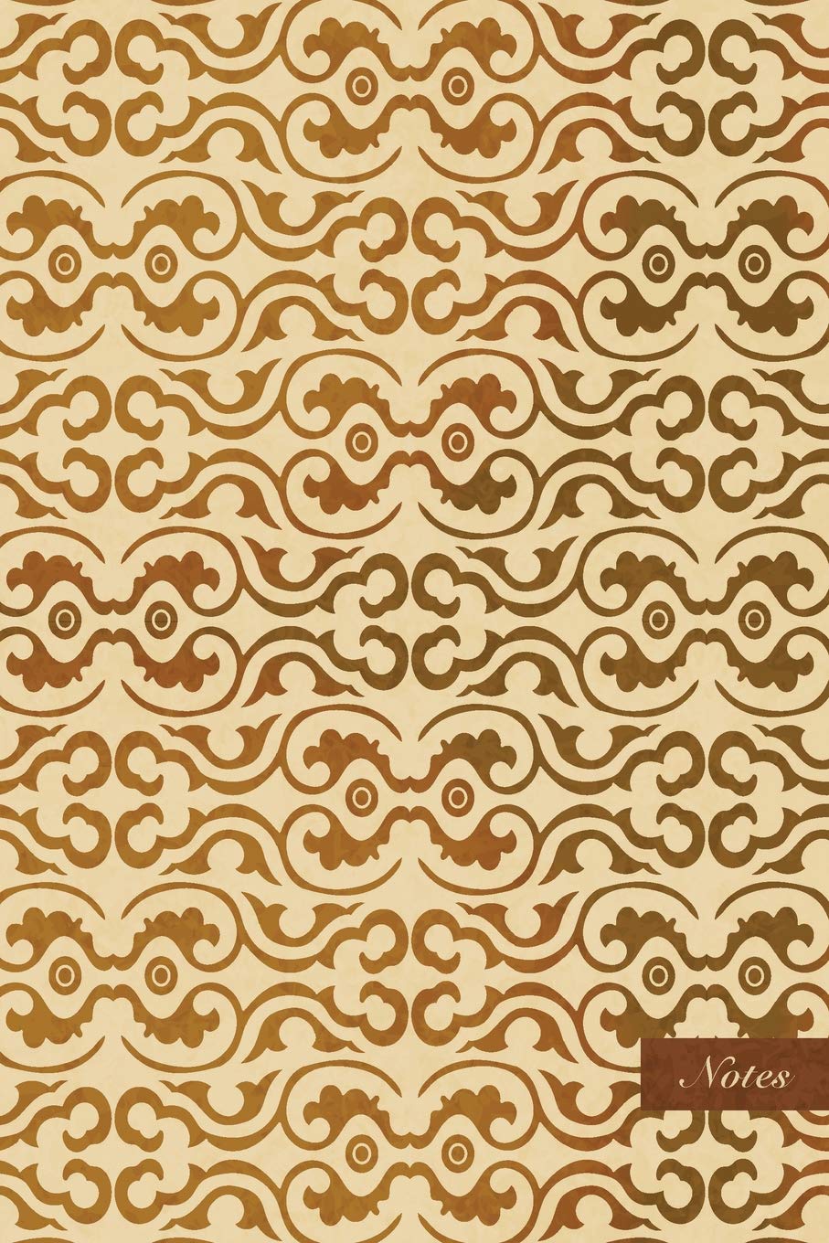 Notes: 6"x9" Ruled Lined Notebook - Curve Wave Spiral Cross Frame Chain Vine - Retro Brown Worn Out Vintage Seamless Pattern Cover. Matte Softcover And Cream Interior Papers.