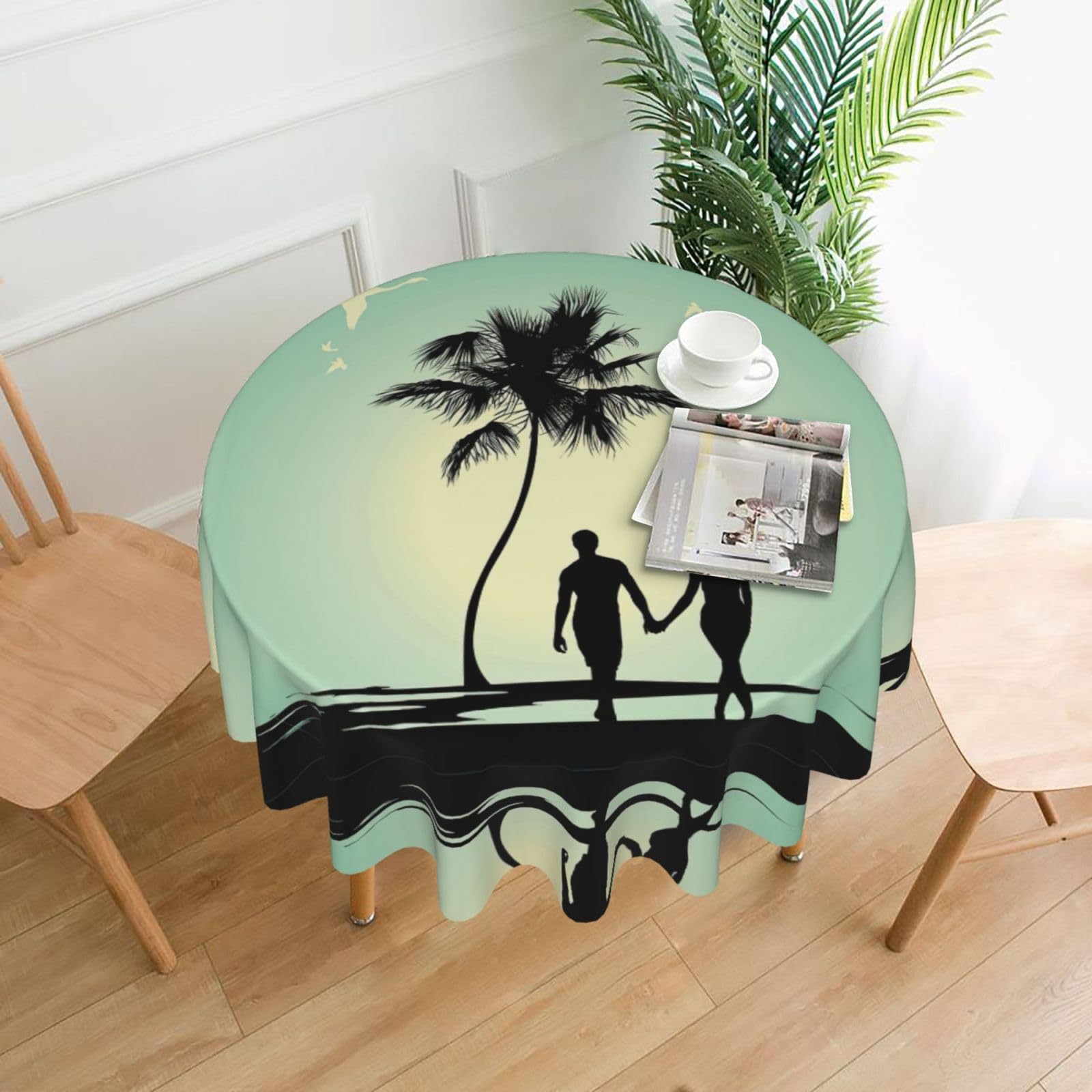 Zcmkjlg Married Couple Walking on The Beach Print Quick Ship Round Tablecloth 60in Polyester Washable Cover for Dining Room