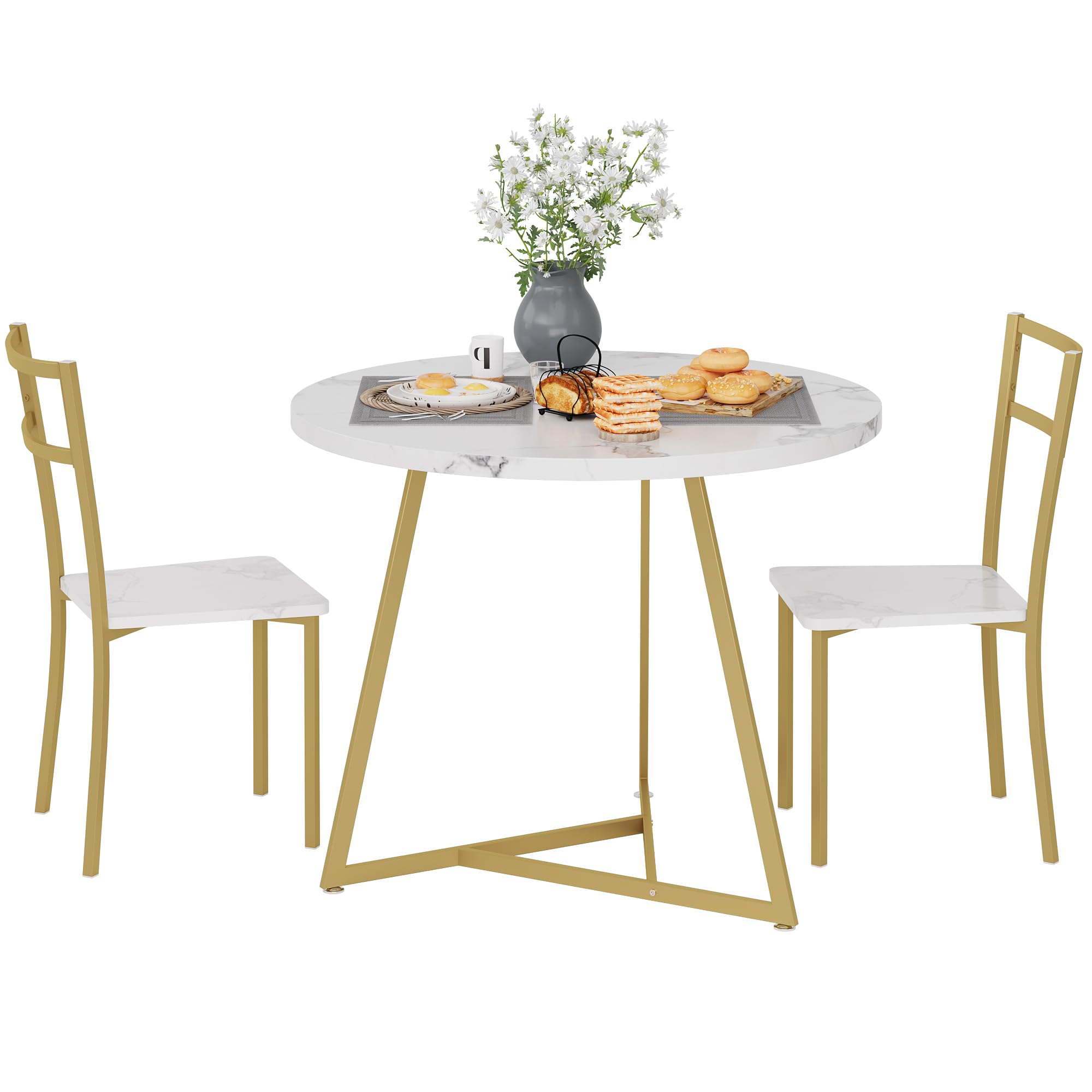 Garvee Mesa Comedor, Mesa de Comedor Redonda con Sillas, Estructura Principal Dorada y Superficie de Mármol Blanco, Ideal para Familia, Uso en Cocina y Salón Interior para Comidas Diarias