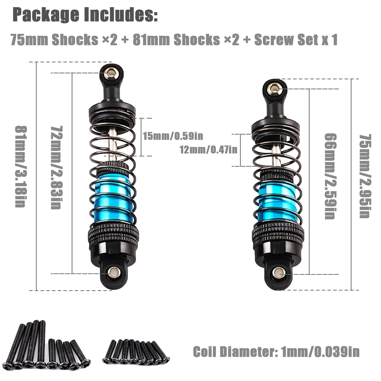 Oil-Fill Shock Absorbers for 1/14 1/16 1/12 RC Cars, 75mm & 81mm Hydraulic Suspension Kit, DIY Refillable Dampers with Alloy Body, Compatible for MJX, HSP, WLtoys, SCY, FMS, Traxxas (Oil Not Included)