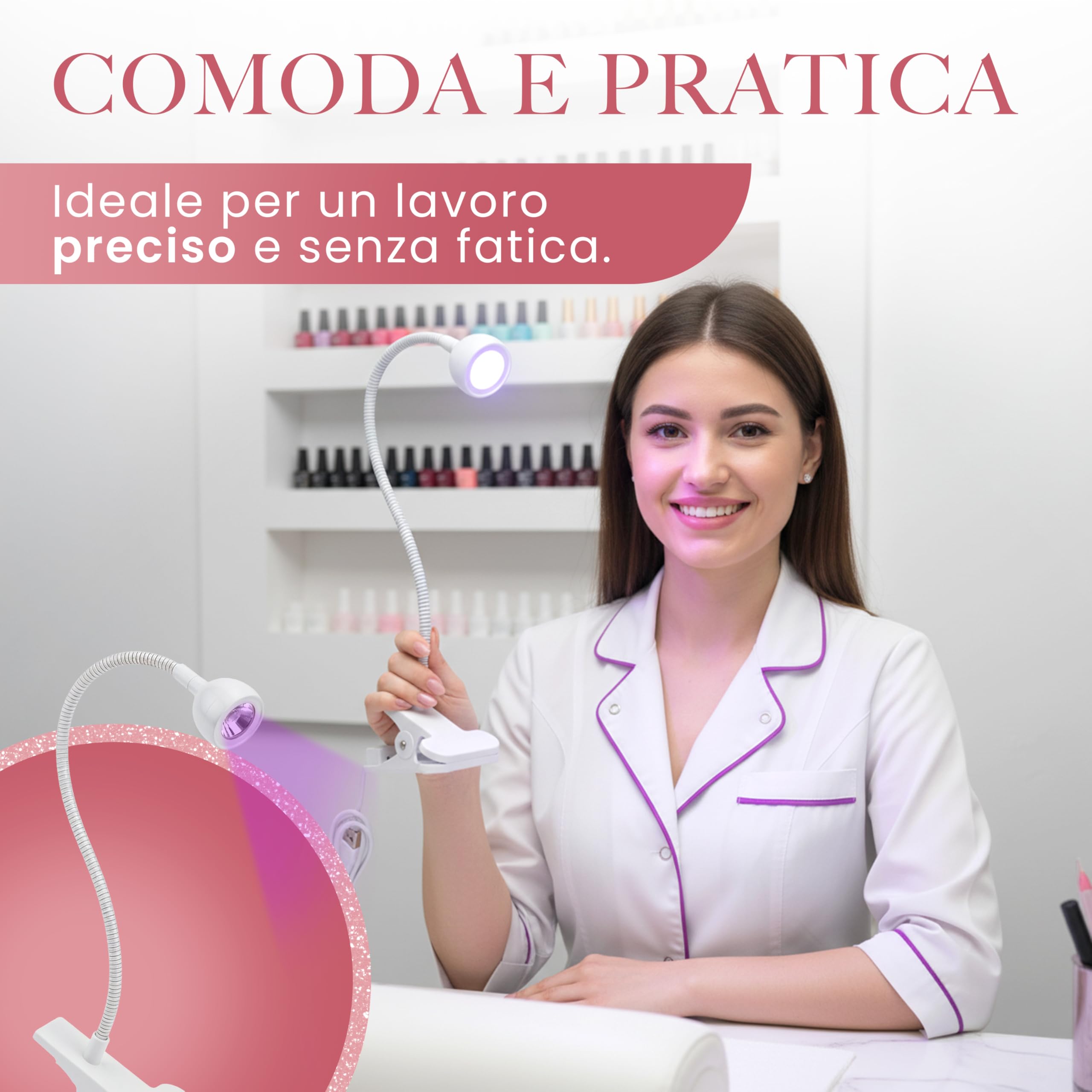 Lampada UV LED Unghie con Clip da Tavolo, Mini Lampada Portatile per Semipermanente e Nail Art, Braccio Flessibile Rotazione 360°, Pulsante On/Off sul Cavo, Luce per Manicure da Casa