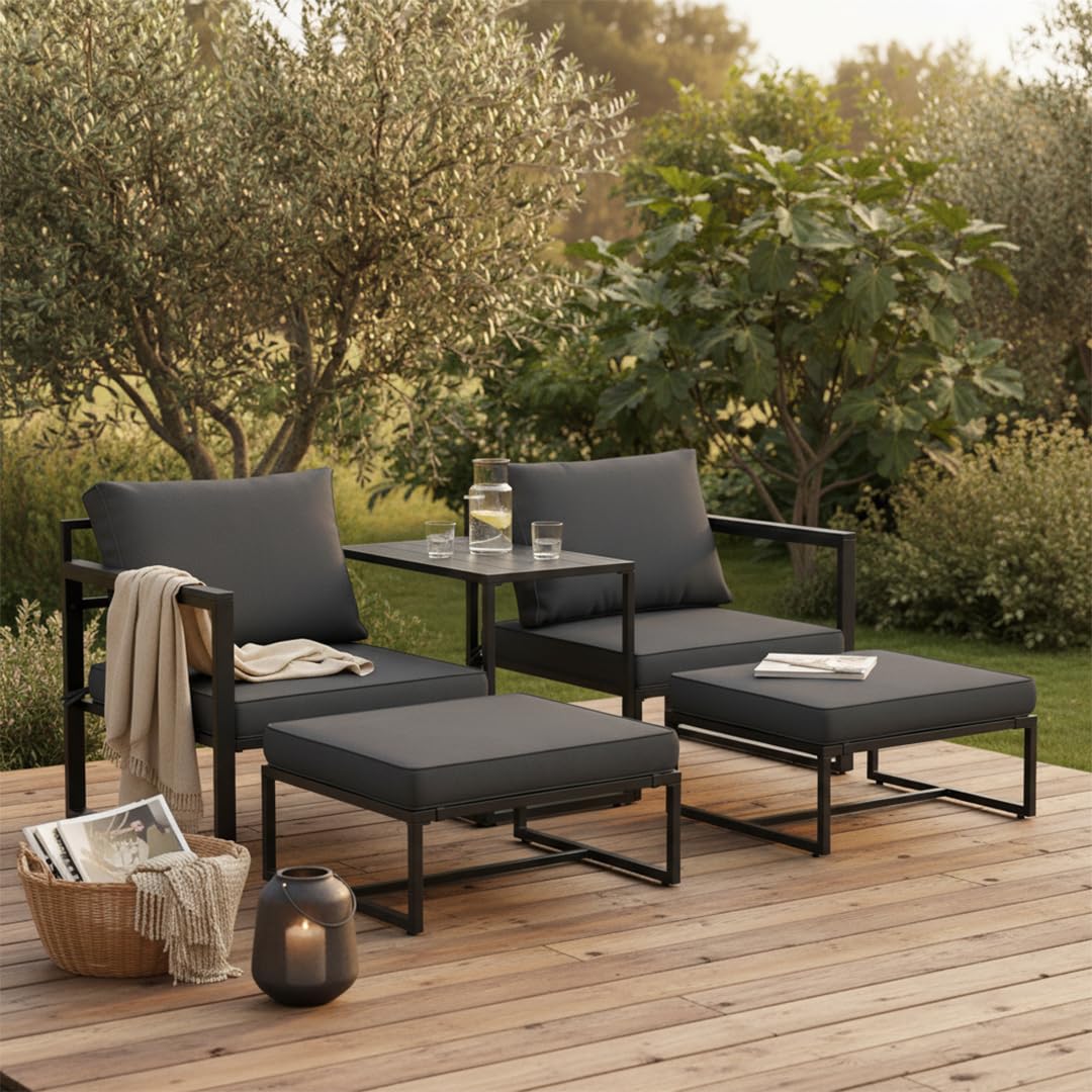 STEELSØN Asteri Sitzgruppe 5-teilig – Gartenmöbel Set mit 2 Sessel, 2 Hocker, 1 Tisch – Balkonlounge Metallgestell Schwarz – inkl. Sitzpolster anthrazit – Terrassenlounge für 2-4 Personen – wetterfest