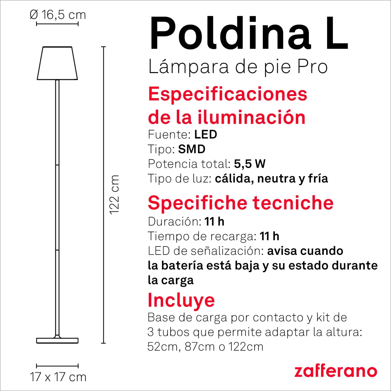 Zafferano, Lámpara Poldina L, Lámpara de Pie Recargable e Inalámbrica con Control Táctil, Adecuada para Interior y Exterior, Atenuador, 2200-3000 K, Altura Ajustable 52-122 cm, Color Gris Oscuro
