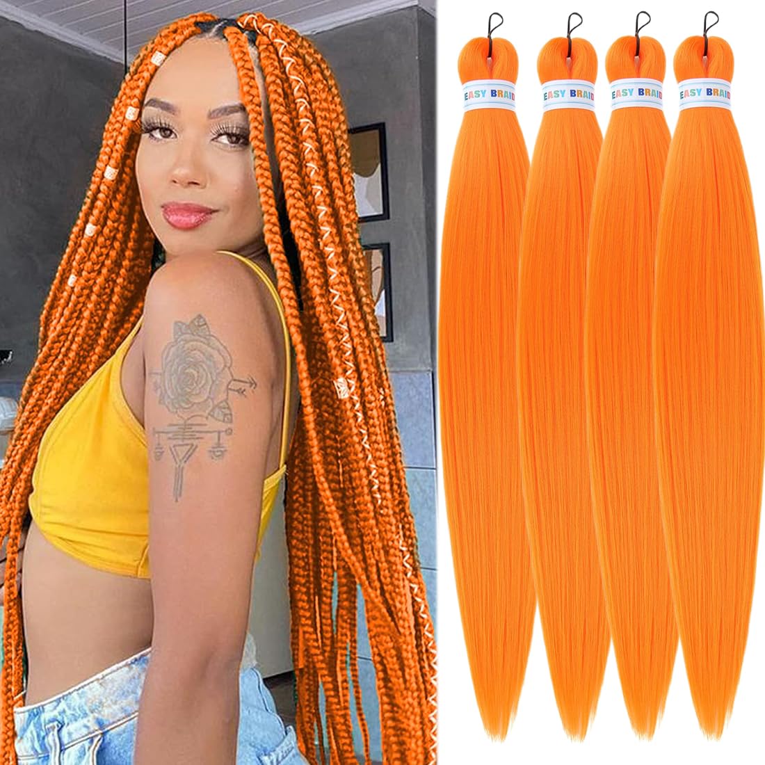 SAISIFEN Extensiones De Cabello Trenzado Preestirado para Mujer 4 Piezas/Lote Largo Yaki Recto Agua Caliente Ajuste Caja De Trenzas De Ganchillo Kanekalon Pelo Sintético 90g/Pieza 66 CM Color Naranja