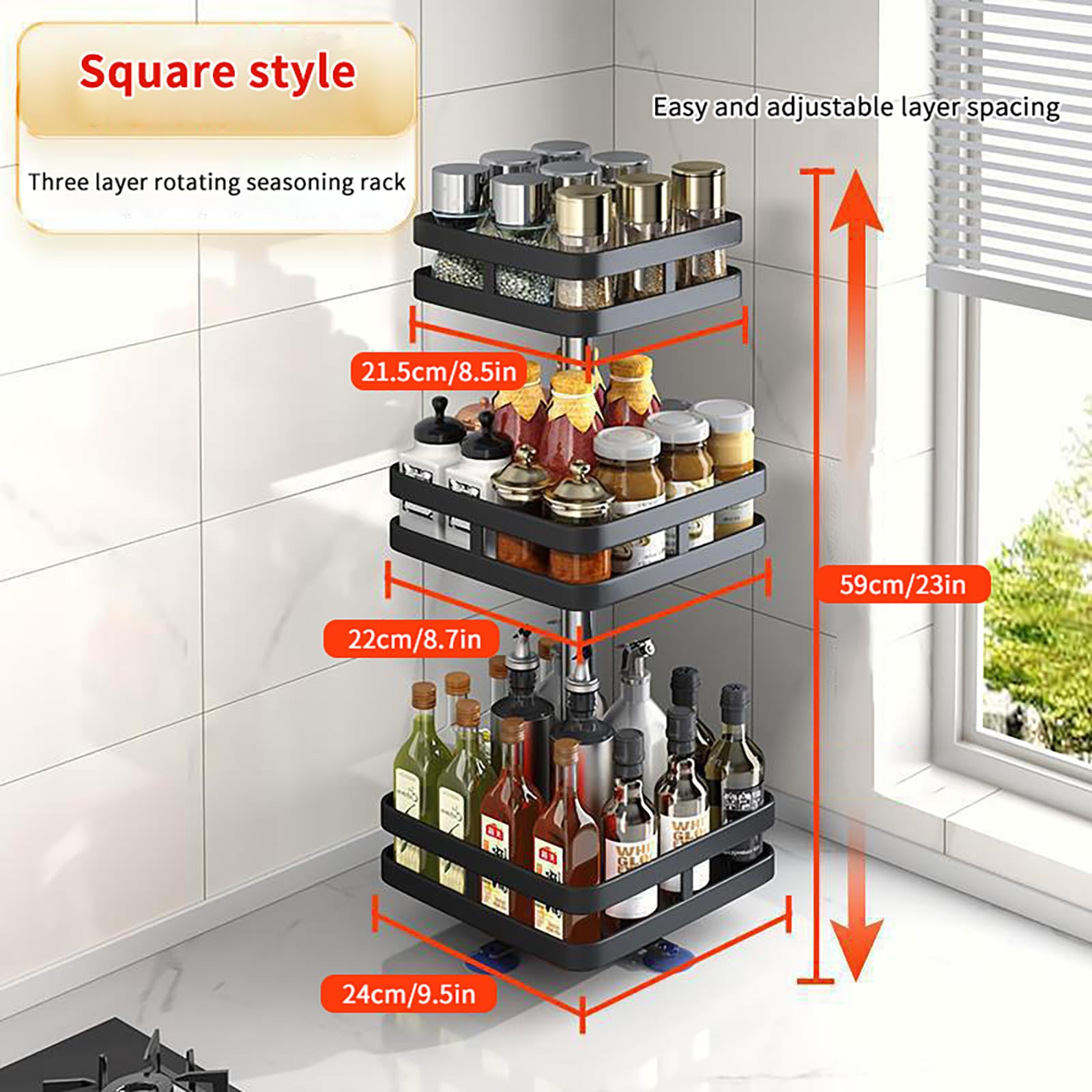 Estante de especias de 3 niveles, almacenamiento de especias giratorio de metal para cocina y baño, eficiente soporte de plato de 3 niveles, elegante dispensador de especias para un fácil acceso